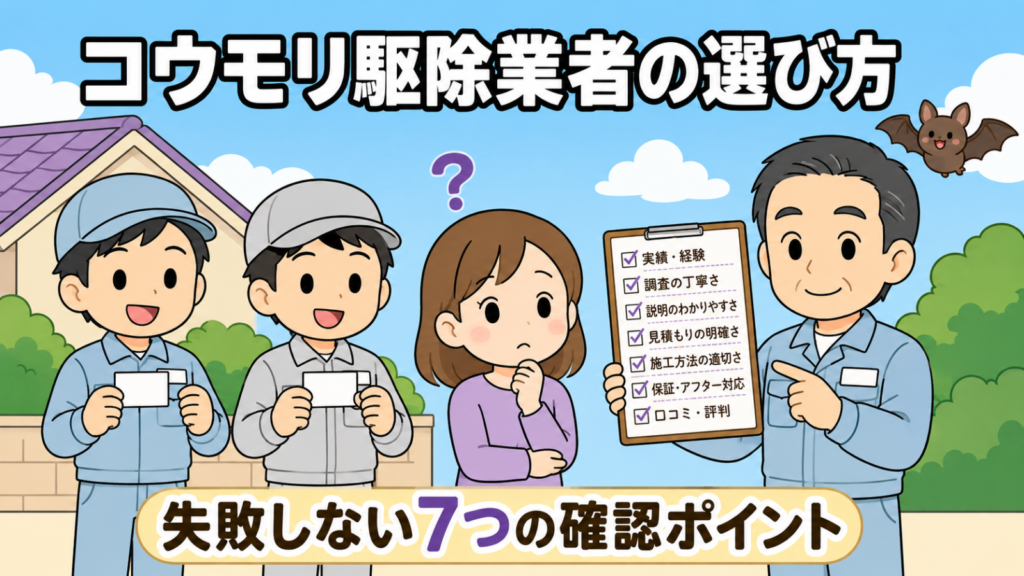 コウモリ駆除業者の選び方を解説するアイキャッチイラスト。左に無地の名刺を持った作業服姿の業者が2人並び、中央で業者選びに迷う女性が首をかしげている。右では作業着姿の守谷タクミが、確認ポイントが7項目並んだチェックボードを指し示している。青空には小さくかわいいコウモリが1匹飛んでいる。