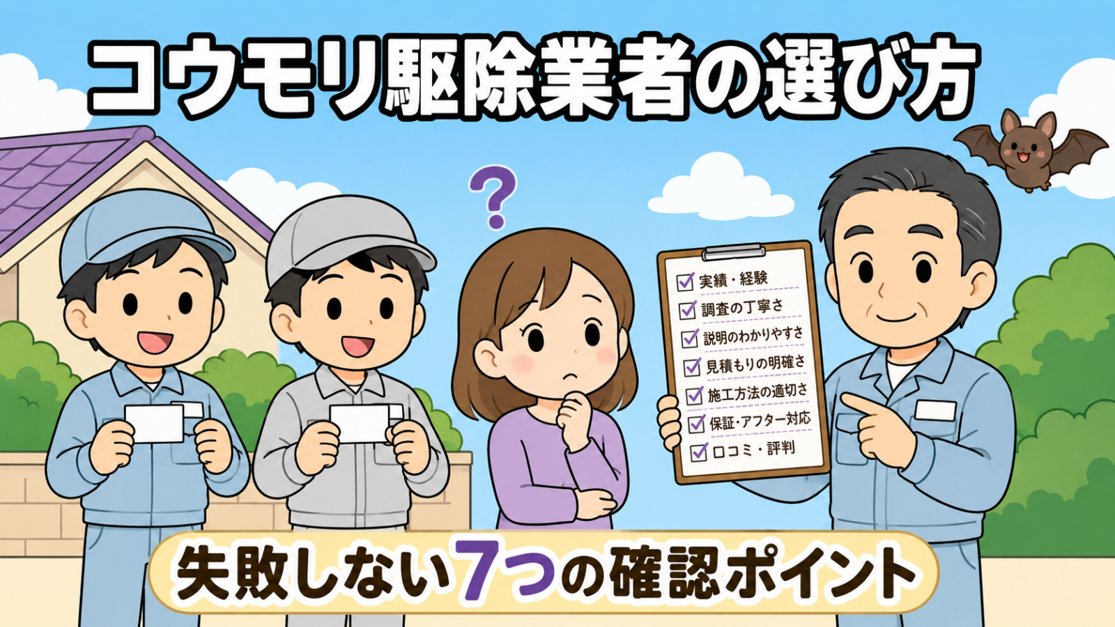 コウモリ駆除業者の選び方を解説するアイキャッチイラスト。左に無地の名刺を持った作業服姿の業者が2人並び、中央で業者選びに迷う女性が首をかしげている。右では作業着姿の守谷タクミが、確認ポイントが7項目並んだチェックボードを指し示している。青空には小さくかわいいコウモリが1匹飛んでいる。