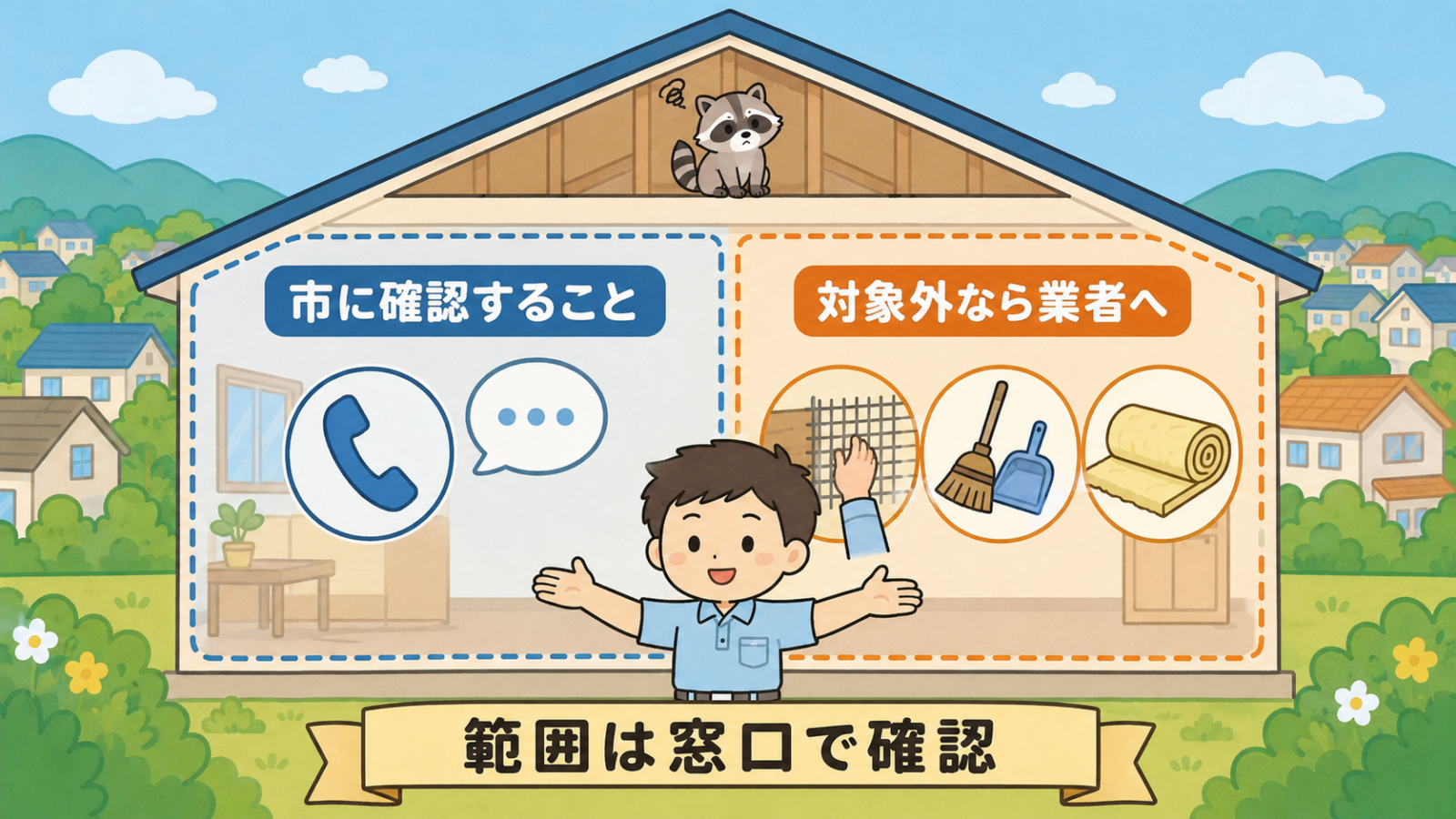 前橋市のアライグマ対応で市に確認することと業者に依頼する範囲を分けた住宅断面のイラスト。左側は受話器と吹き出しで市の相談窓口への確認を、右側は金網による封鎖・ふん尿の清掃・断熱材の交換など業者の作業を示し、対応範囲は窓口で確認するよう守谷タクミが両手で示している。