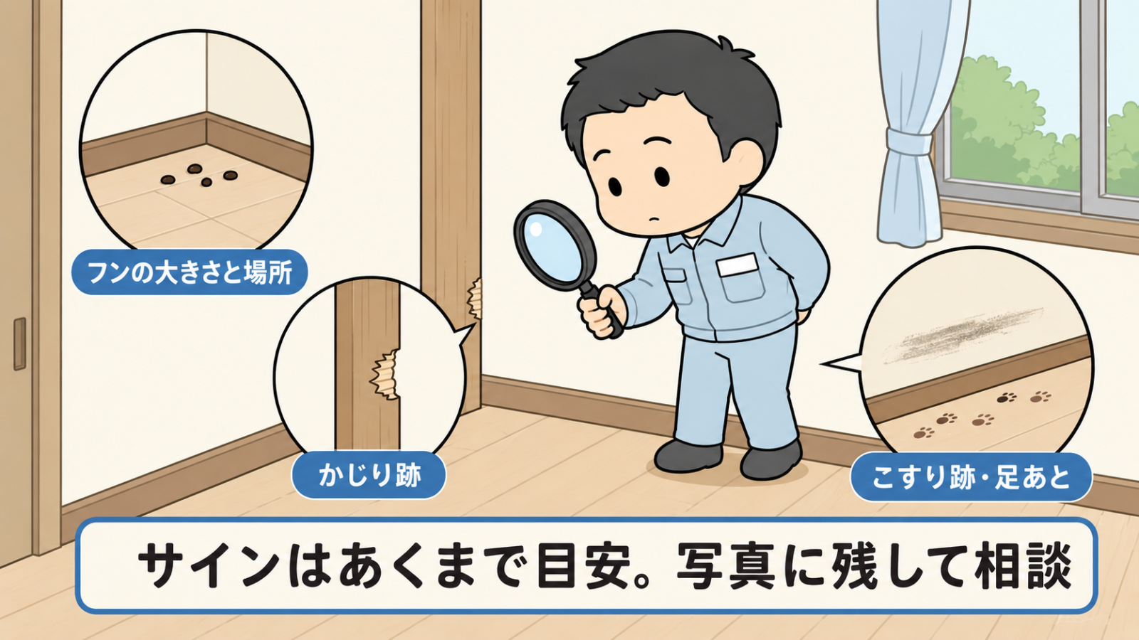 害獣がいるサインを虫めがねで確かめる図解。部屋の隅の小さなフンにフンの大きさと場所、柱の傷にかじり跡、壁ぎわの黒ずみと小さな足あとにこすり跡・足あとのラベルが付き、中央で守谷タクミが虫めがねで観察している。下にサインはあくまで目安、写真に残して相談の帯がある。