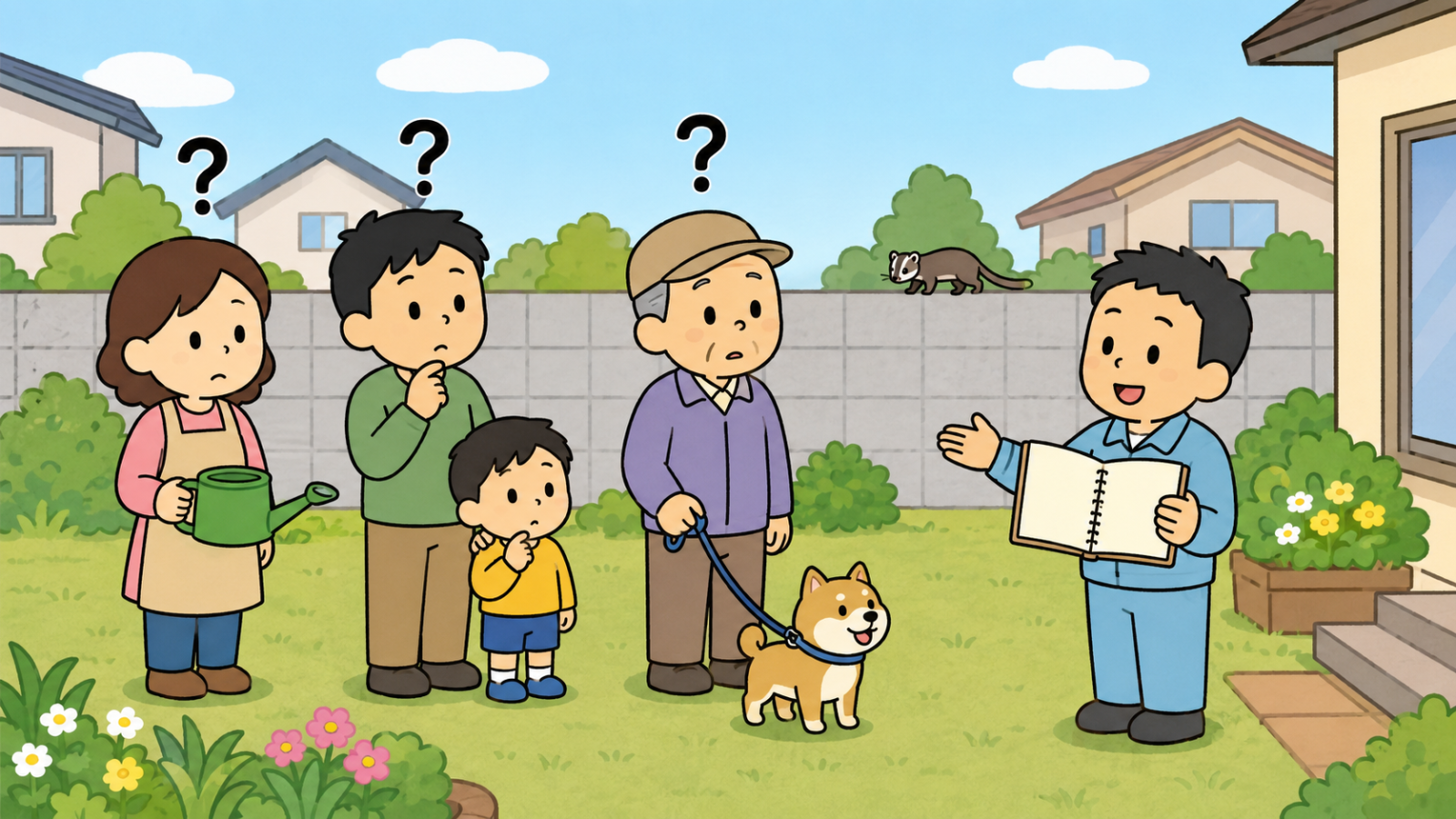 庭のフンに関するよくある質問のイラスト。住宅街の庭先でジョウロを持った女性、子どもを連れた父親、リードを付けた柴犬と散歩中の高齢の男性がそれぞれ頭上に疑問符を浮かべ、右で作業着姿の守谷タクミが開いたノートを見せながら落ち着いて答えている。背景の塀の上を、白い縦スジのあるハクビシンが小さく歩いている。