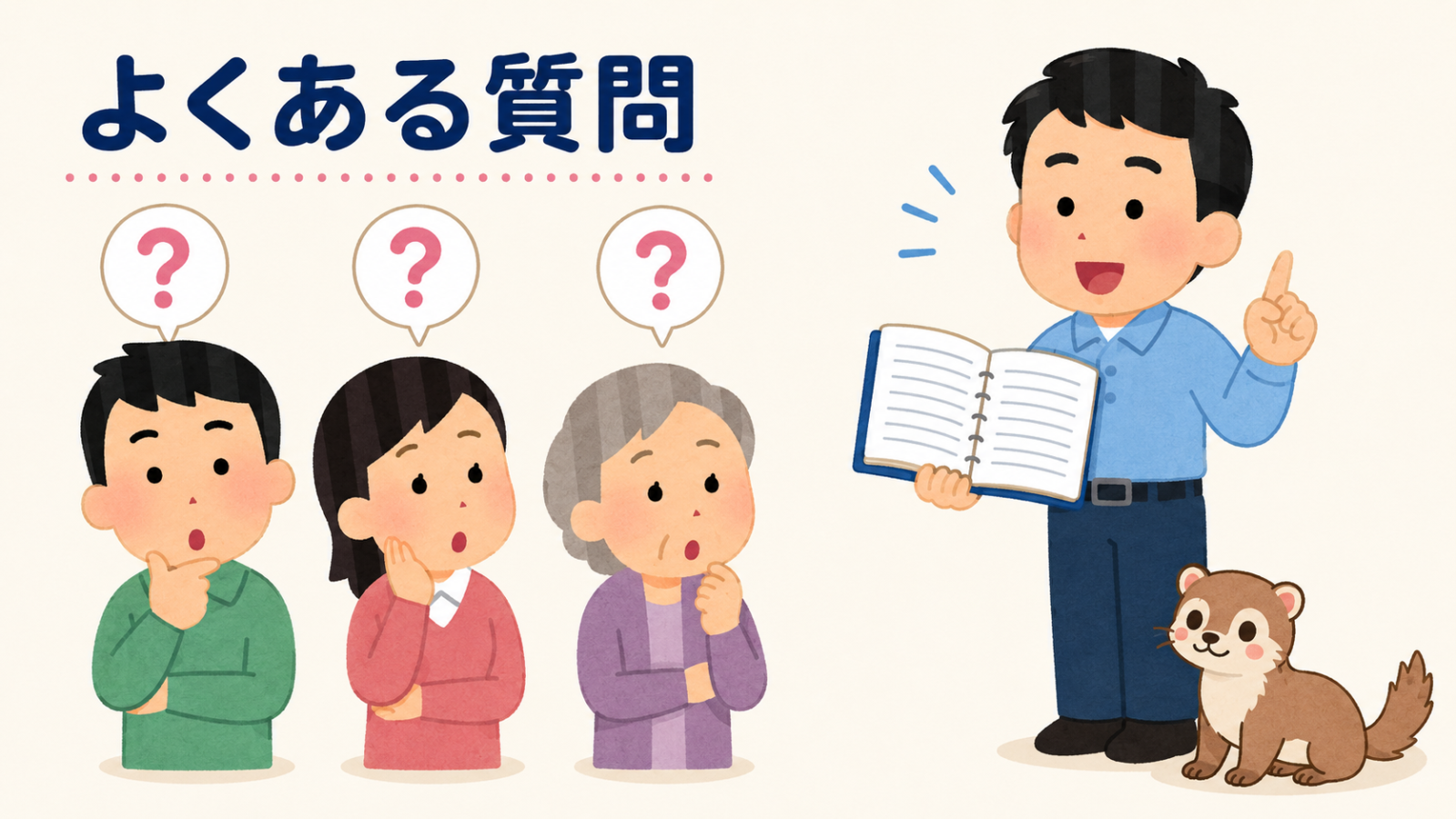 イタチの追い出し方に関するよくある質問のイラスト。左に男性・女性・高齢の女性の3人が並び、それぞれ頭上に疑問符の吹き出しを浮かべている。右では作業着姿の守谷タクミが開いたノートを見せながら答え、足元にかわいいイタチが1匹ちょこんと座っている。