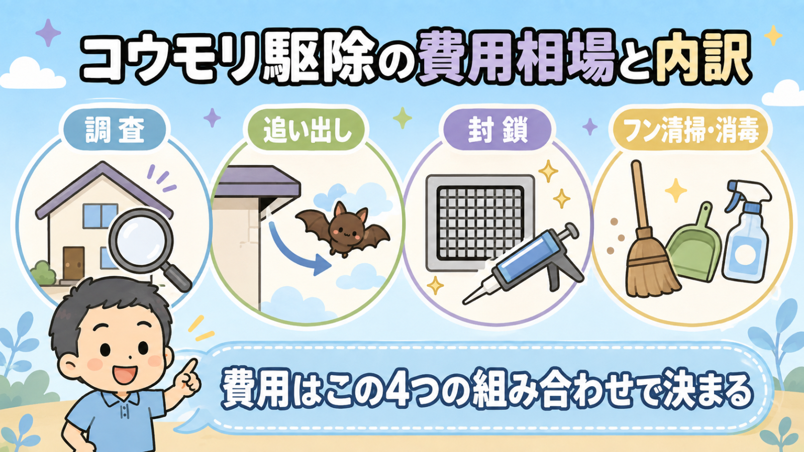 コウモリ駆除の作業別の内訳を示した図解。虫めがねと家で表した調査、家の隙間から外へ飛び出すコウモリで表した追い出し、金網とコーキングガンで表した封鎖、ほうきとスプレーで表したフン清掃・消毒の4つを並べ、費用はこの4つの組み合わせで決まると守谷タクミが解説している。
