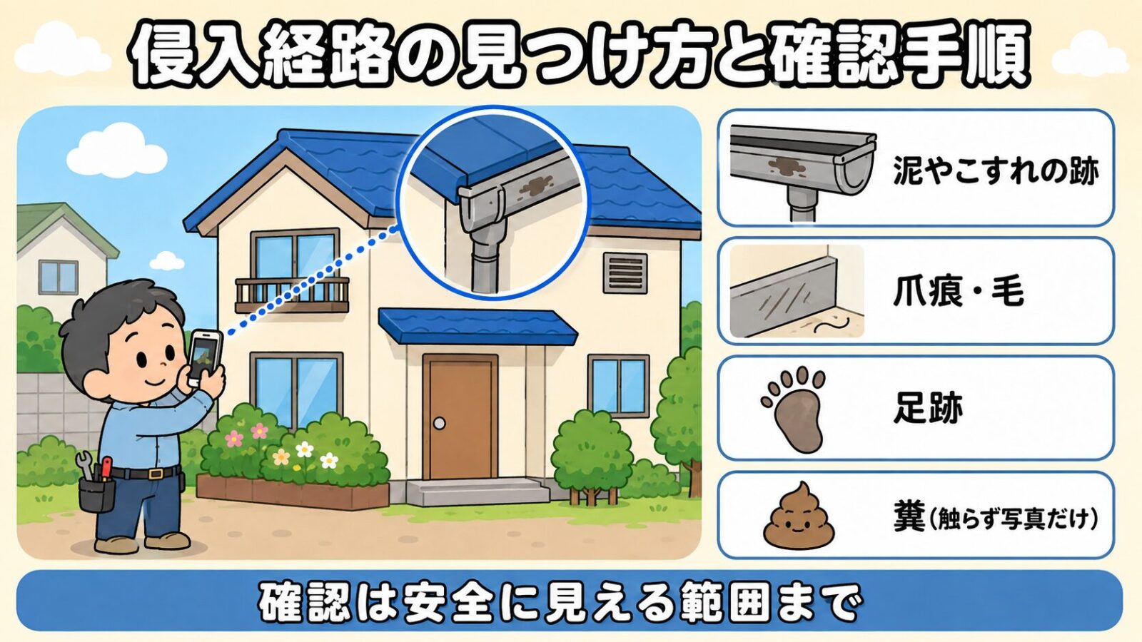 侵入経路の見つけ方を示した図解。守谷タクミがスマートフォンのズームで軒まわりの雨どいを撮影し、拡大部分に泥の汚れが写り、右側には泥やこすれの跡・爪痕や毛・足跡・糞という4つの手がかりを並べ、下部に確認は安全に見える範囲までと添えたいらすとや風イラスト。
