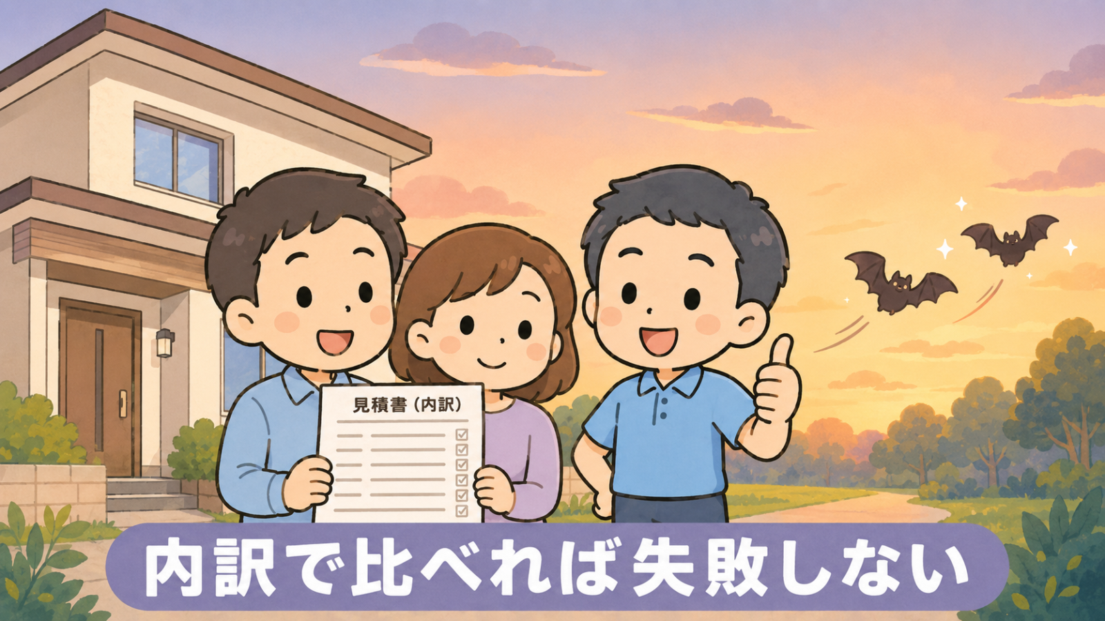 コウモリ駆除の費用を内訳で比べて納得できた様子を表すまとめのイラスト。夕焼けの空の下、内訳の分かれた見積書を手にした夫婦と、親指を立てる守谷タクミが自宅の前に立っている。遠くの空には家から離れて飛んでいくコウモリが描かれ、解決した状況を表現している。