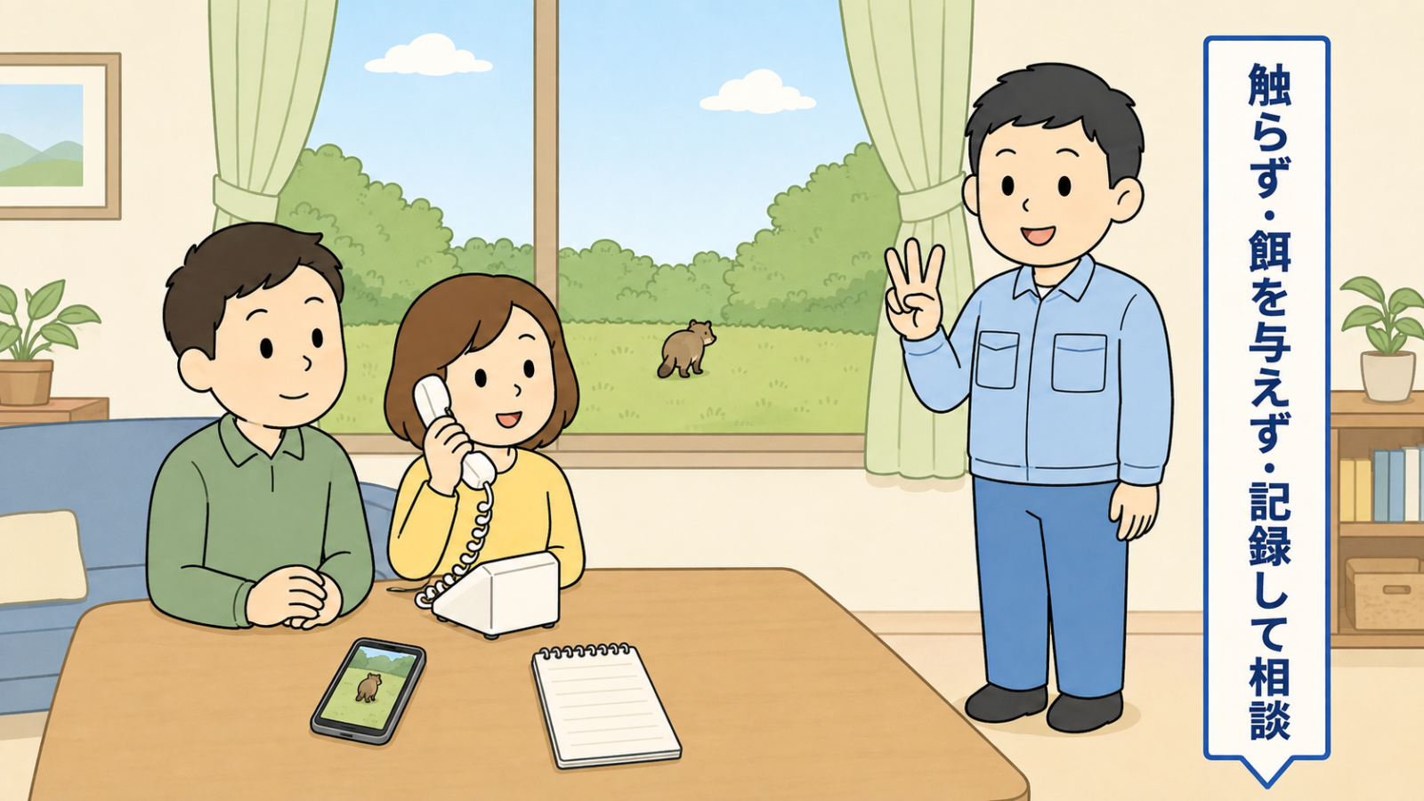 毛のない動物への対応をまとめたイラスト。昼の明るいリビングで夫婦がテーブルにつき、妻が受話器を持って相談している。テーブルには動物を撮ったスマートフォンとメモ帳が置かれ、窓の外の草地をタヌキが静かに歩いていく。右で守谷タクミが指を3本立て、触らず・餌を与えず・記録して相談と示している。