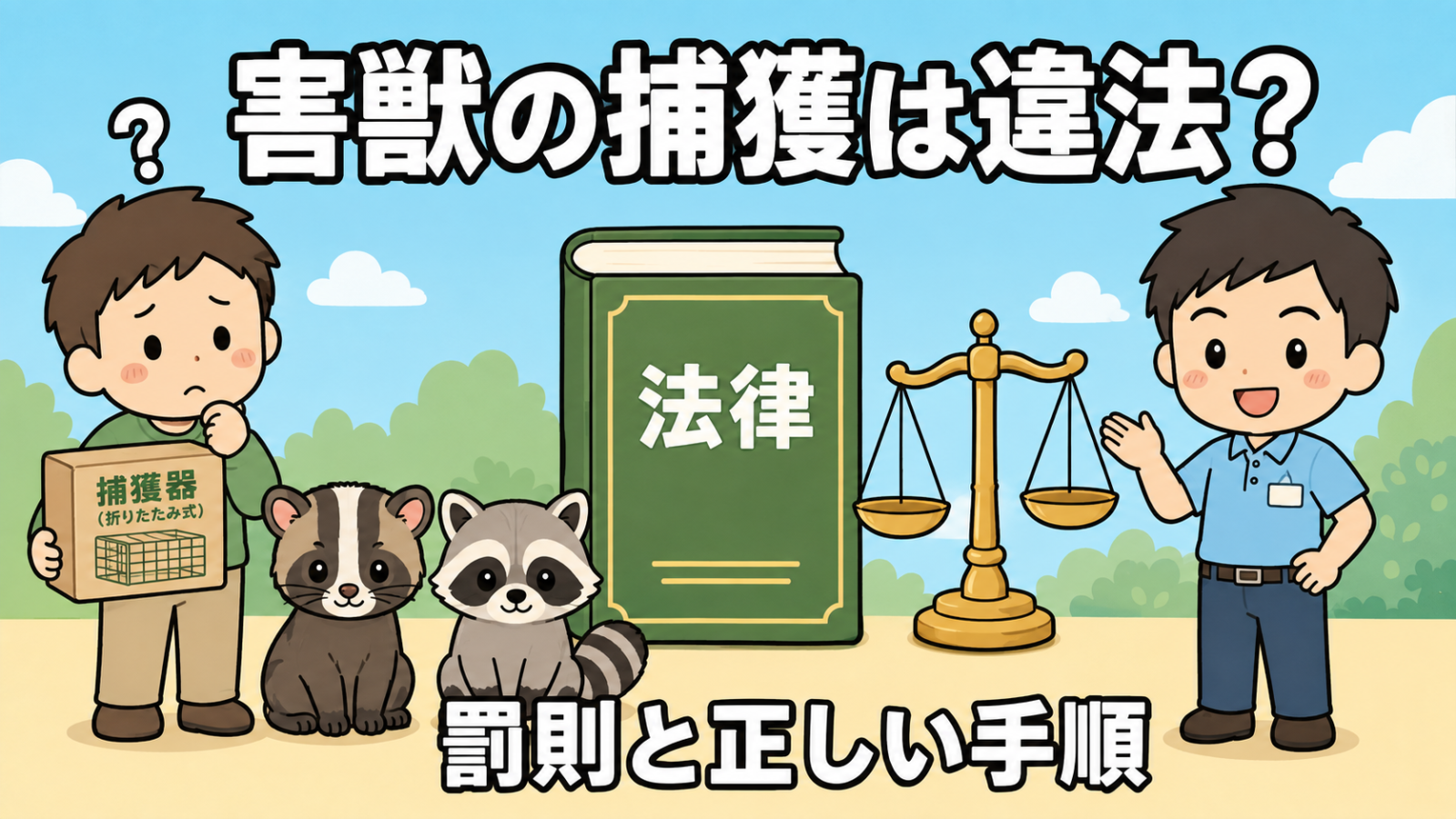 害獣の捕獲が違法になるかを解説するイラスト。捕獲器の箱を持って悩む男性の足元にハクビシンとアライグマが座り、中央には法律の本と天秤が置かれている。右側で作業着姿の守谷タクミが、まず確認するよう案内しており、罰則と正しい手順を解説する記事のテーマを表している。