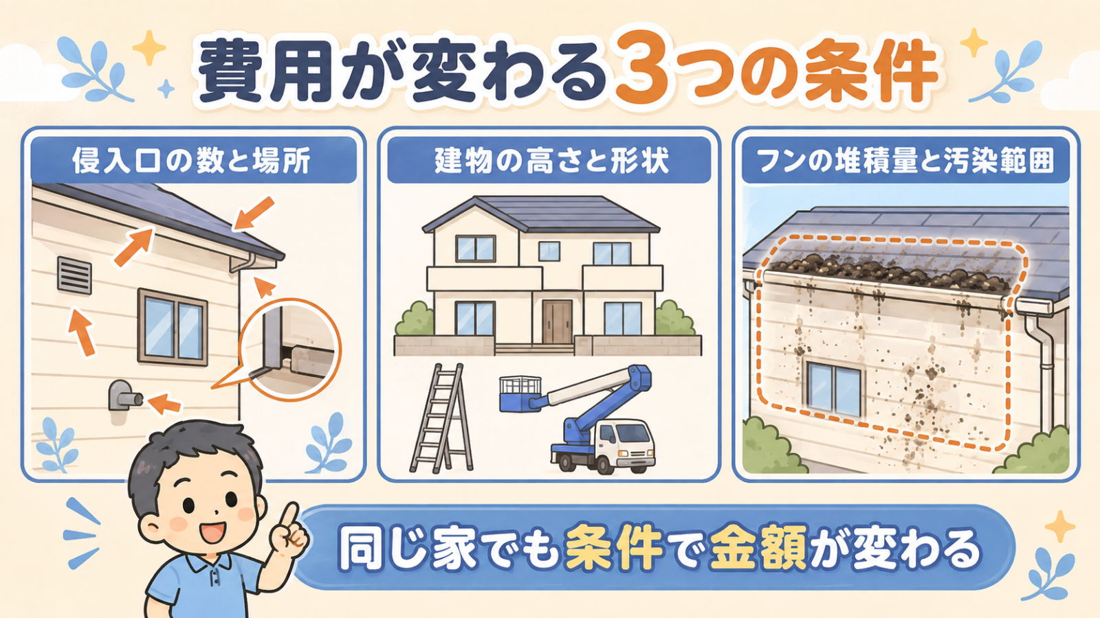 コウモリ駆除の費用が変わる3つの条件を示した図解。外壁の隙間を矢印で示した侵入口の数と場所、はしごと高所作業車を並べた建物の高さと形状、点線枠で囲んだフンの堆積量と汚染範囲の3つを並べ、同じ家でも条件で金額が変わることを守谷タクミが説明している。