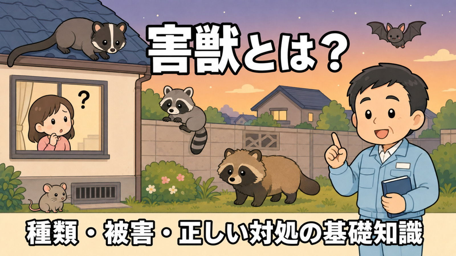 害獣とはどんな動物かを紹介するメインイラスト。夕方の住宅街で、屋根の上のハクビシン、塀の上のアライグマ、庭のタヌキ、通気口のそばのネズミ、空を飛ぶコウモリが顔を出し、窓から見る女性が疑問符を浮かべている。右で作業着姿の守谷タクミがノートを持って落ち着いて案内している。種類・被害・正しい対処の基礎知識の文字入り。