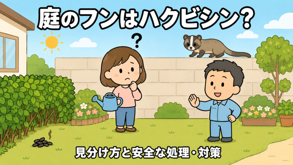 庭のフンはハクビシン？と悩む場面を描いたメインイラスト。朝の庭の隅に黒っぽいフンの山があり、ジョウロを持った女性が困った表情で考えている。塀の上には顔の中央に白い縦スジがあるハクビシンがこちらを見ており、右で作業着姿の守谷タクミが手のひらを向けて落ち着いてと案内している。見分け方と安全な処理・対策の文字入り。