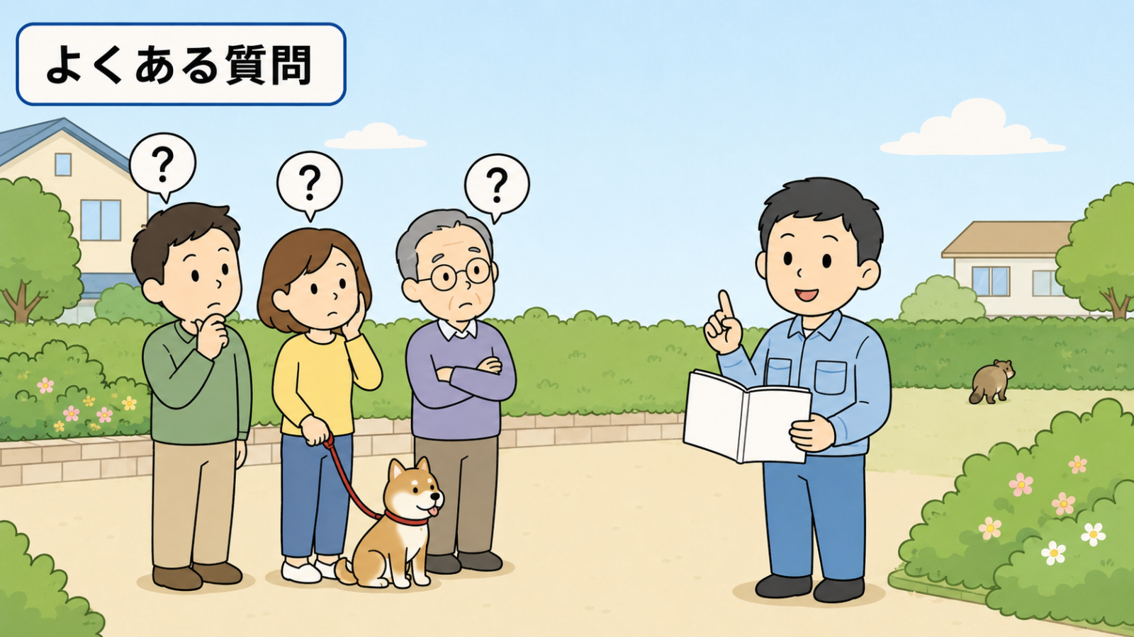 毛のない動物に関するよくある質問のイラスト。昼間の住宅街の道で、男性・女性・高齢の男性の3人がそれぞれ頭上に疑問符を浮かべている。女性はリードを付けた犬を連れて座らせている。右で作業着姿の守谷タクミが開いたノートを見せながら答え、遠くの生け垣のそばに小さくタヌキの姿が見える。