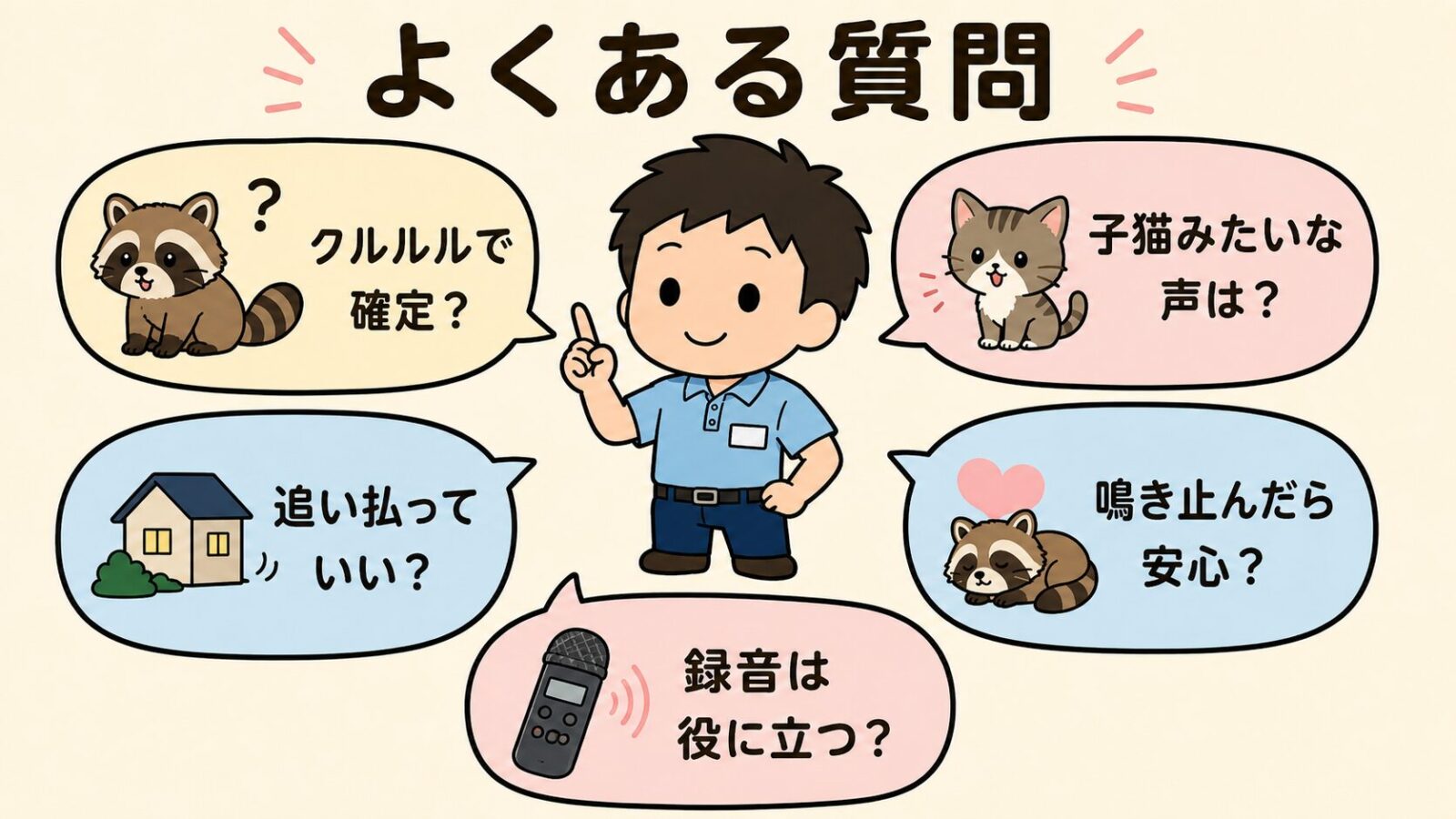 アライグマの鳴き声に関するよくある質問をまとめた図解。中央で守谷タクミが指を立てて答え、クルルルで確定か、子猫みたいな声は何か、追い払ってよいか、鳴き止んだら安心か、録音は役に立つか、という5つの疑問を吹き出しで囲むように配置したいらすとや風イラスト。