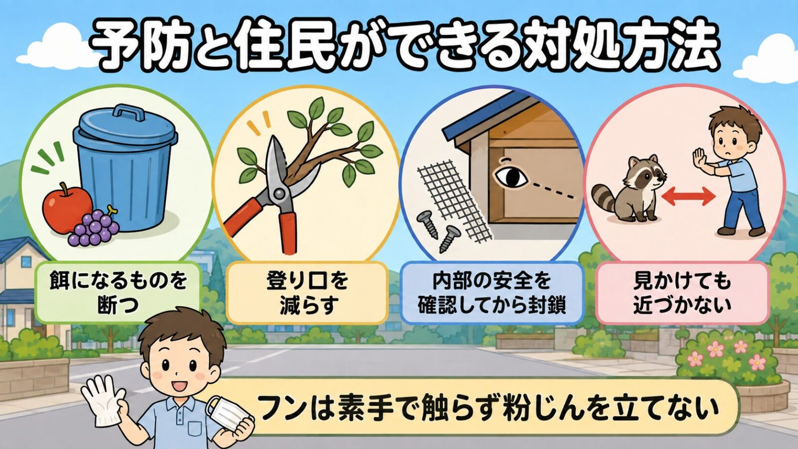 アライグマ被害を防ぐために住民ができる予防と対処方法を4つ並べた図解。餌になるものを断つ、登り口を減らす、内部の安全を確認してから封鎖する、見かけても近づかないの4項目を示し、フンは素手で触らず粉じんを立てないよう注意を添えている。