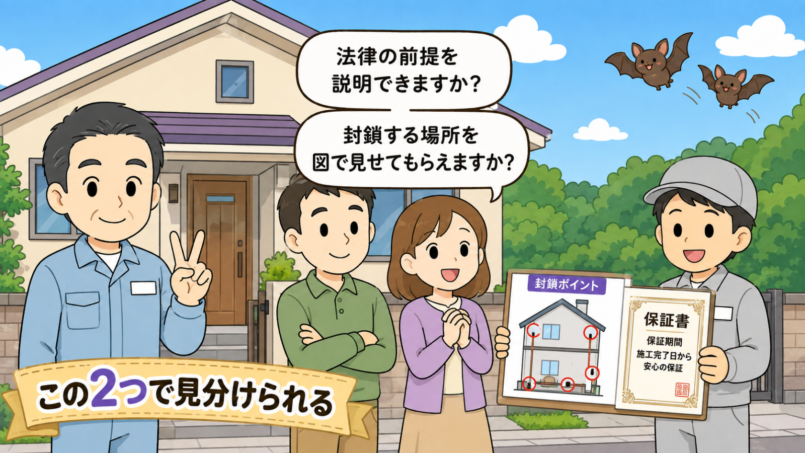 コウモリ駆除業者は2つの質問で見分けられることを示したまとめのイラスト。住宅の前で夫婦が、法律の前提を説明できますかと、封鎖する場所を図で見せてもらえますかの2つを質問し、業者が封鎖ポイントを書き込んだ家の図と保証書を見せている。左で守谷タクミが指を2本立て、この2つで見分けられると示している。