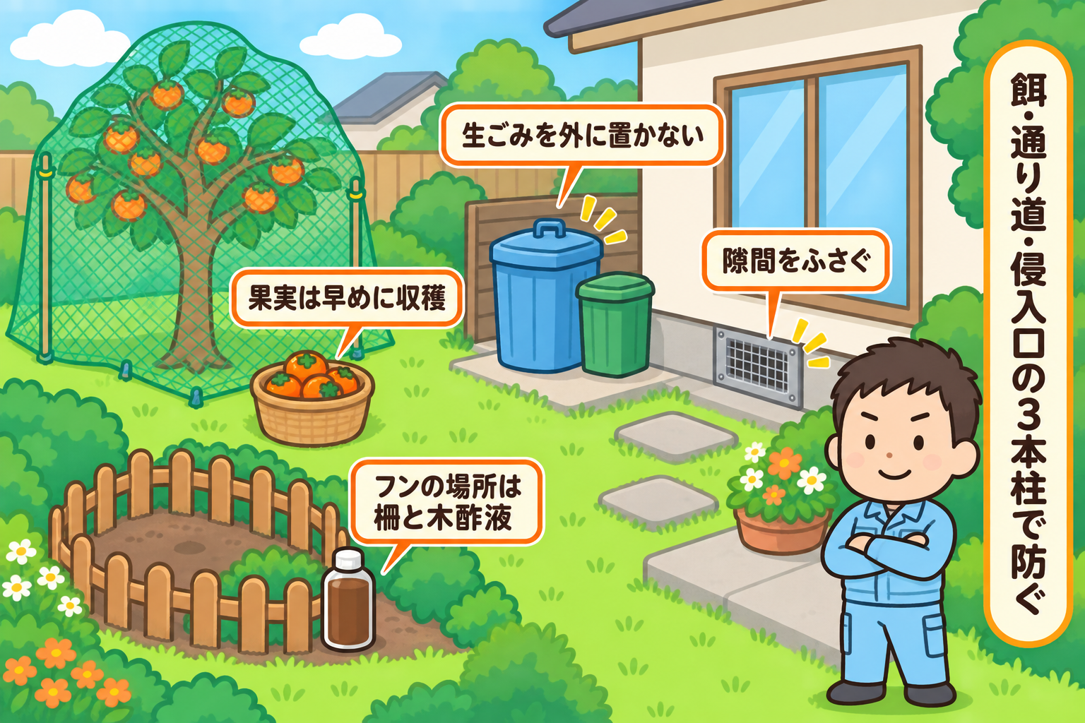 ハクビシンを庭に寄せつけない対策をまとめた庭の全景イラスト。柿の木に防獣ネットがかけられ果実は早めに収穫のラベル、ふた付きごみ箱に生ごみを外に置かないのラベル、フンの場所を囲う低い柵と木酢液のボトル、基礎の通風口には金網が付き隙間をふさぐの表示。右で守谷タクミが腕組みし、餌・通り道・侵入口の3本柱で防ぐと示している。