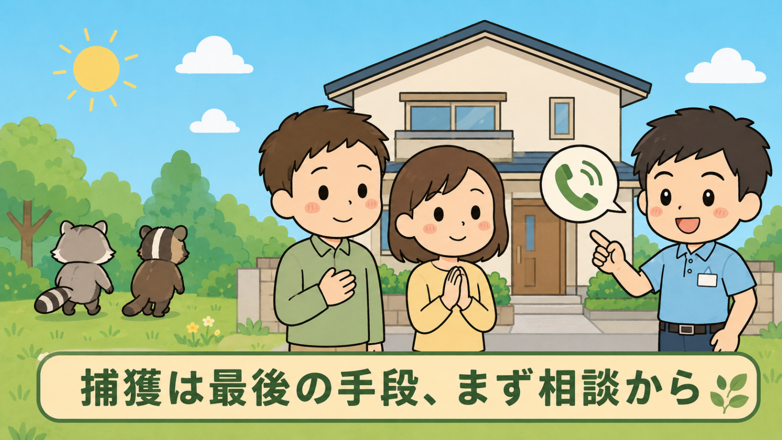 害獣被害が解決した様子を表すまとめのイラスト。晴れた空の下、安心した表情の夫婦が自宅の前に立ち、守谷タクミが電話のアイコンを示しながら、捕獲は最後の手段でまず相談からと案内している。庭の遠くではアライグマとハクビシンが森へ帰っていく後ろ姿が描かれている。