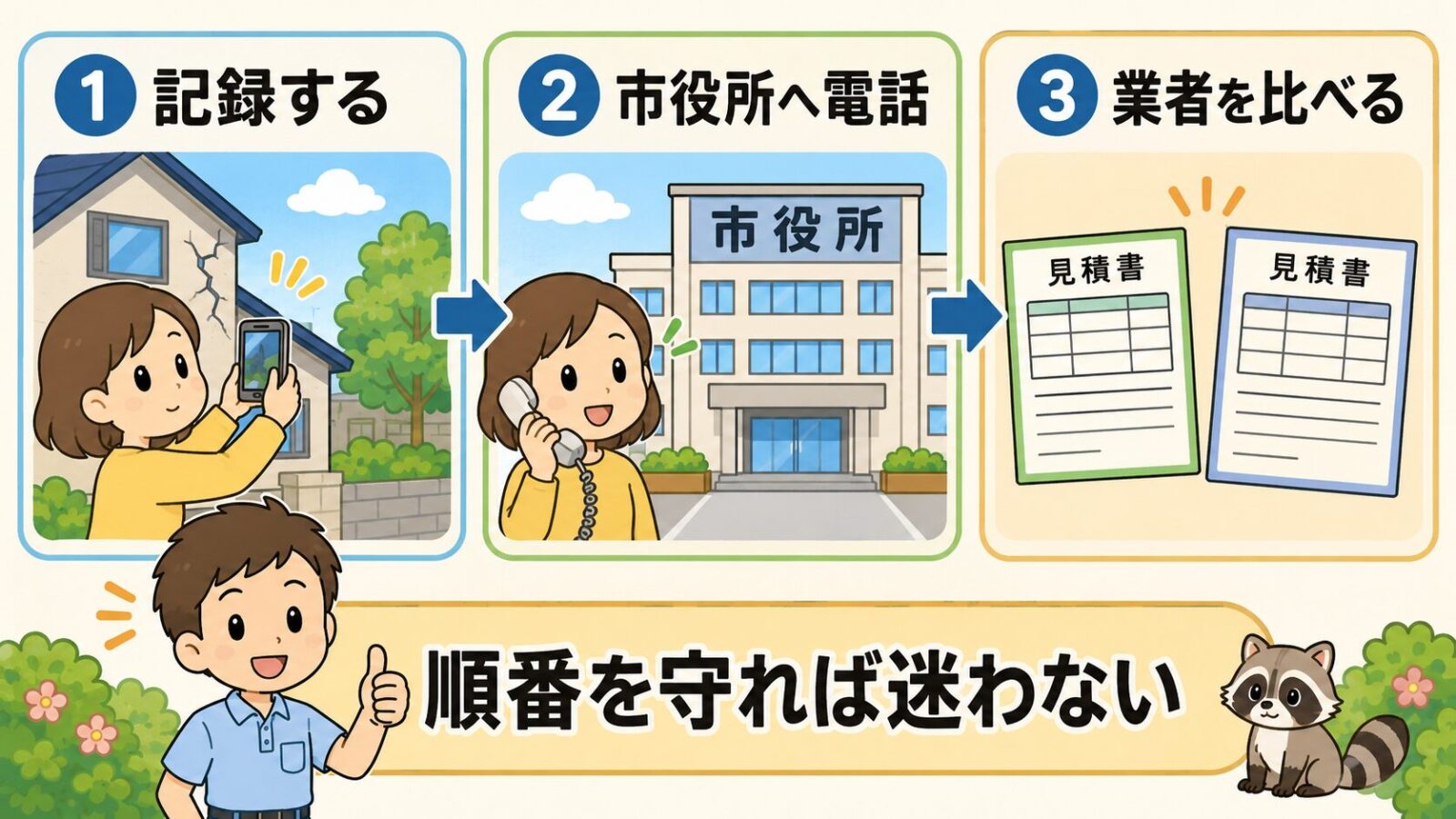 つくば市でアライグマ被害に気づいたときの行動手順を3ステップで示した図解。まず被害をスマートフォンで記録し、次に市役所へ電話して対応範囲を確認し、最後に複数の業者の見積書を比べる流れを矢印でつなぎ、順番を守れば迷わないと案内している。