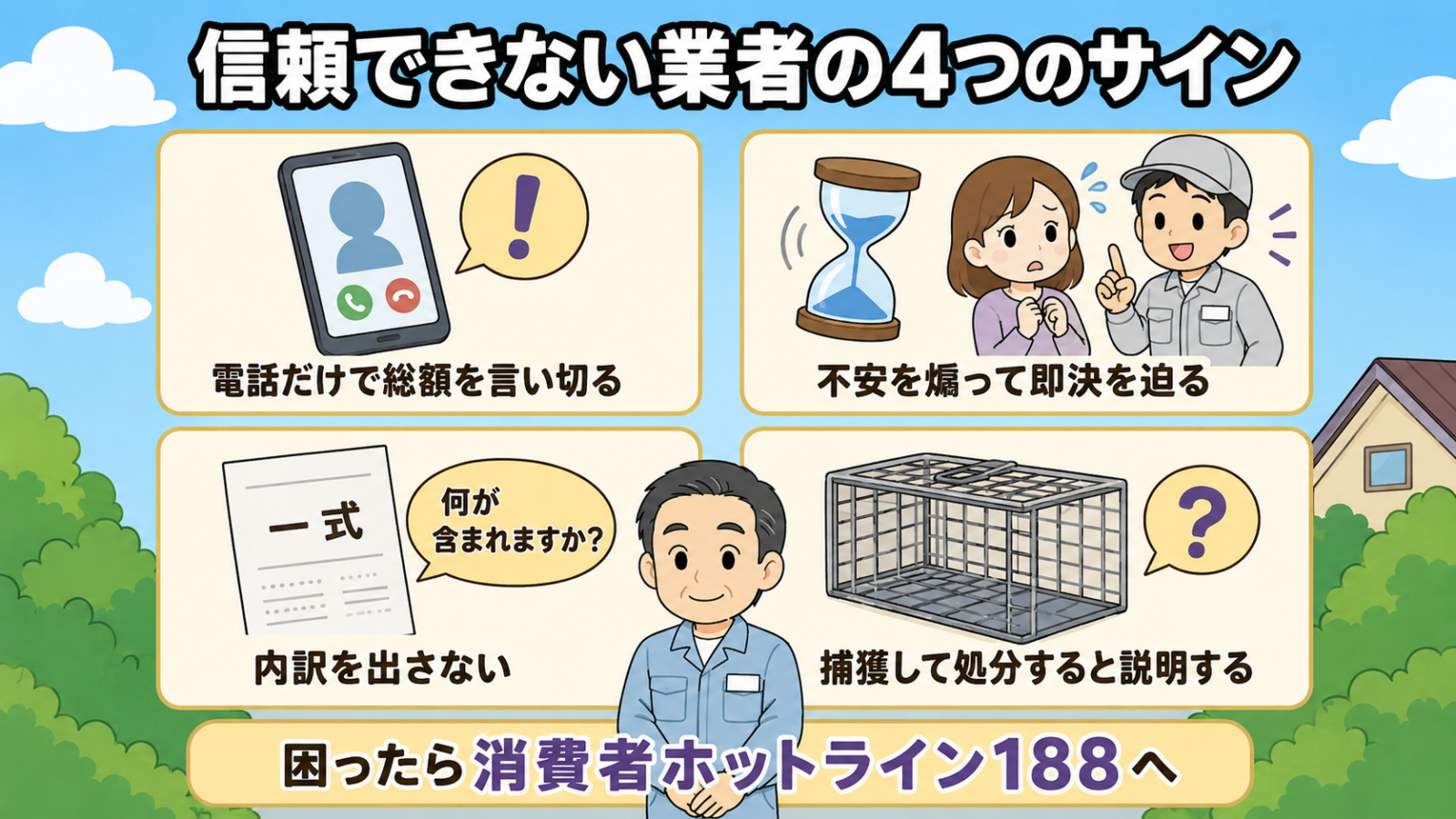 信頼できない業者に共通する4つの危険サインを示した図解。スマートフォンと感嘆符で表した電話だけで総額を言い切る、砂時計と急かされる住人で表した不安を煽って即決を迫る、一式とだけ書かれた書類で表した内訳を出さない、空の捕獲器と疑問符で表した捕獲して処分すると説明するの4枚が並ぶ。下に困ったら消費者ホットライン188へという帯がある。