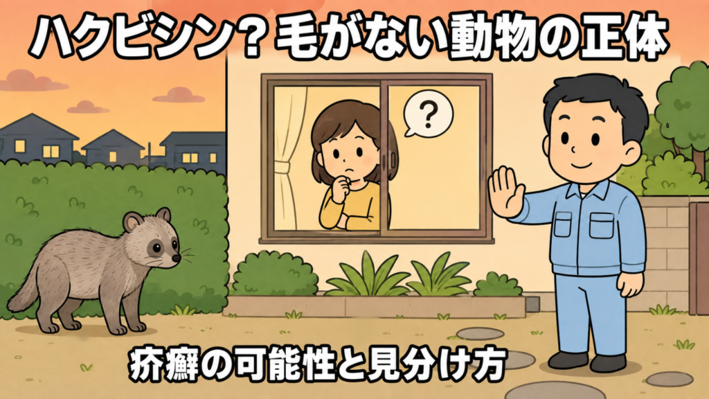 ハクビシンに見えて毛がない動物について解説するアイキャッチイラスト。夕方の住宅の庭先で、生け垣のそばに毛が薄く痩せて見えるタヌキが1匹静かに立っている。窓越しに困り顔の女性が疑問符を浮かべ、右では作業着姿の守谷タクミが手のひらを向けて近づかないよう穏やかに案内している。