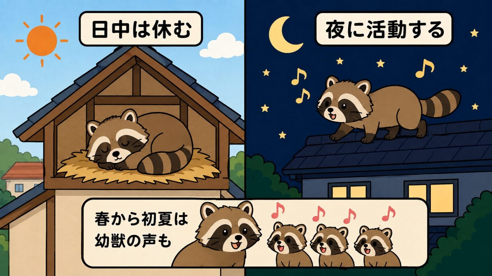 夜中に鳴き声が聞こえる理由を示した図解。左は太陽の下で屋根裏に丸くなって眠るアライグマと日中は休むという説明、右は月と星の夜空の下で屋根を歩くアライグマと夜に活動するという説明を並べ、下部に春から初夏は幼獣の声も加わることを親子のアライグマで示したいらすとや風イラスト。