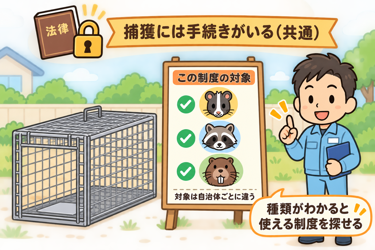 動物の種類によって使える制度が変わることを示した図解。上部に錠前付きの法律の本と、捕獲には手続きがいるという共通の帯。中央に空の捕獲箱と、この制度の対象としてハクビシン・アライグマ・ヌートリアの顔にチェックが付いた看板があり、対象は自治体ごとに違うと添えている。