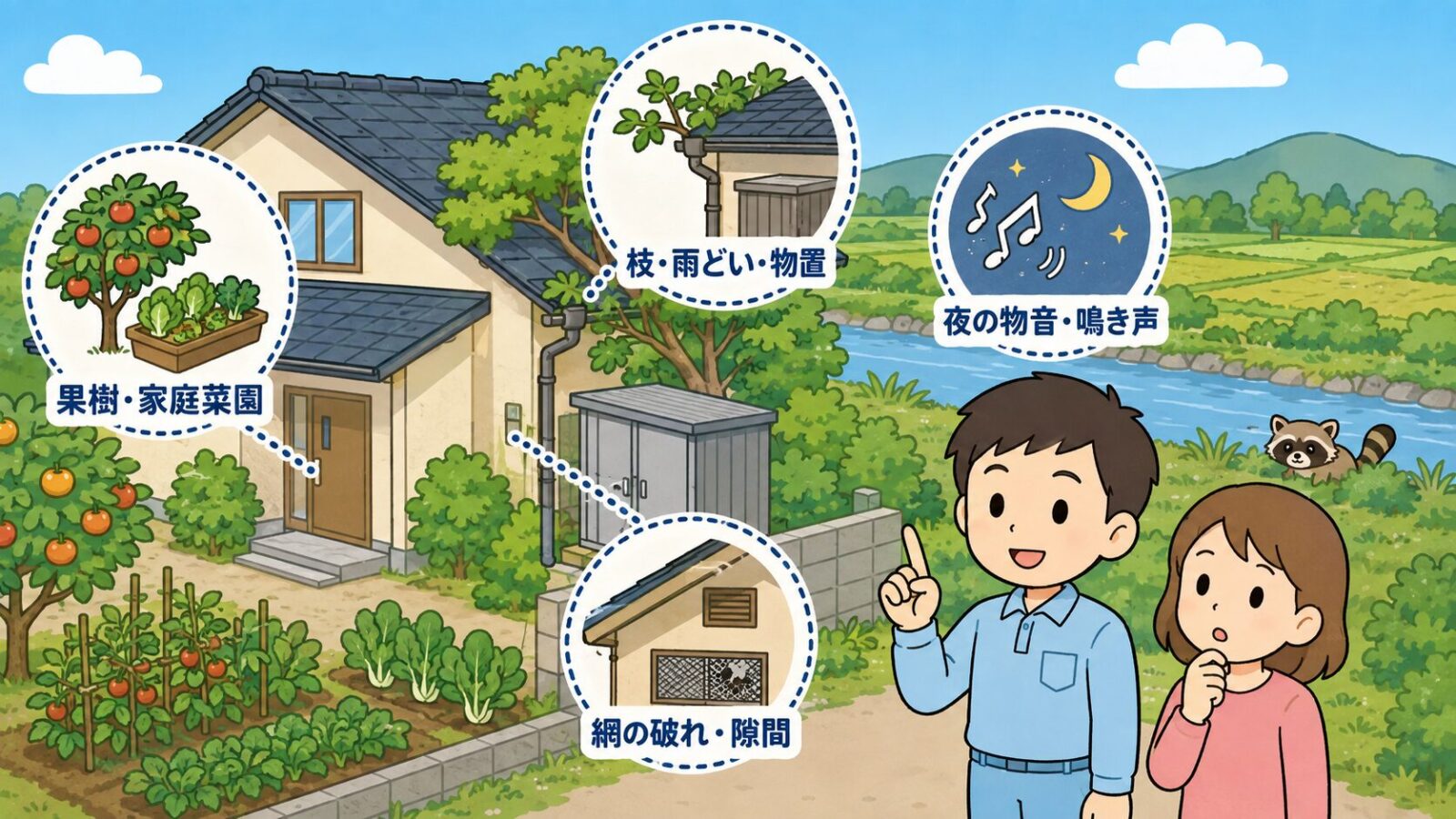 春日部市の住宅まわりの点検ポイントを示した図解。果樹や家庭菜園、屋根に届く枝と雨どいと物置、換気口の網の破れやすき間、夜の物音や鳴き声の4か所を丸いラベルで示し、背景に河川と田畑、遠くにアライグマを配置して、住民に守谷タクミが説明するいらすとや風イラスト。