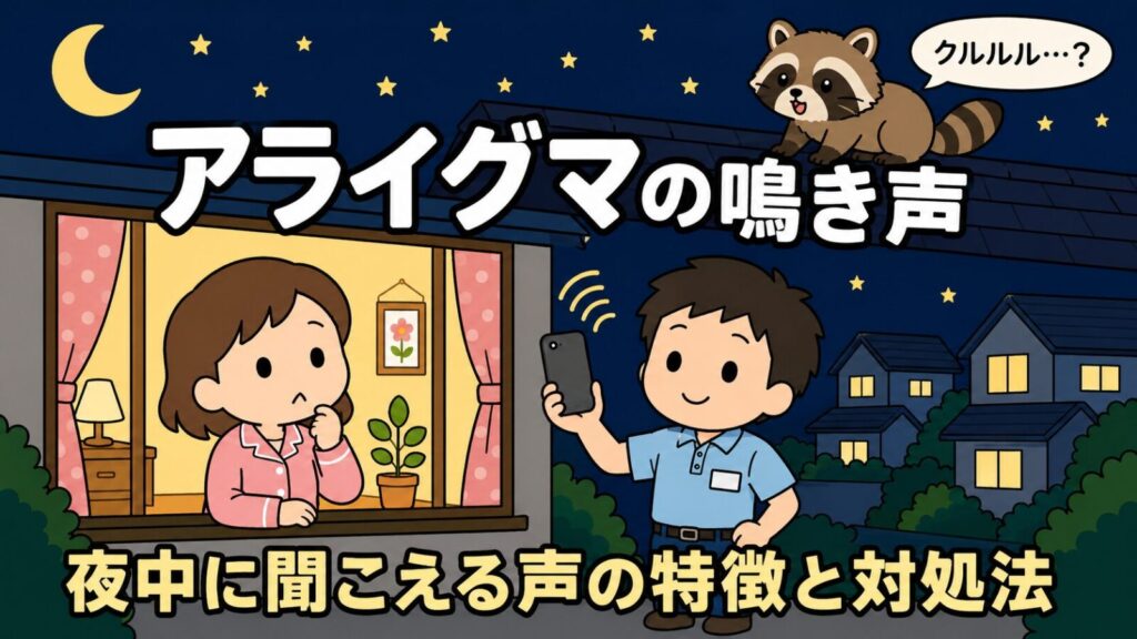 アライグマの鳴き声を解説する記事のメインアイキャッチ。月と星の出た夜の住宅街で、パジャマ姿の女性が窓辺で天井を気にして困り、その隣で作業着姿の守谷タクミがスマートフォンを掲げて録音し、屋根の上のしま模様の尻尾のアライグマがクルルル…？と疑問符付きの吹き出しを出しているいらすとや風イラスト。
