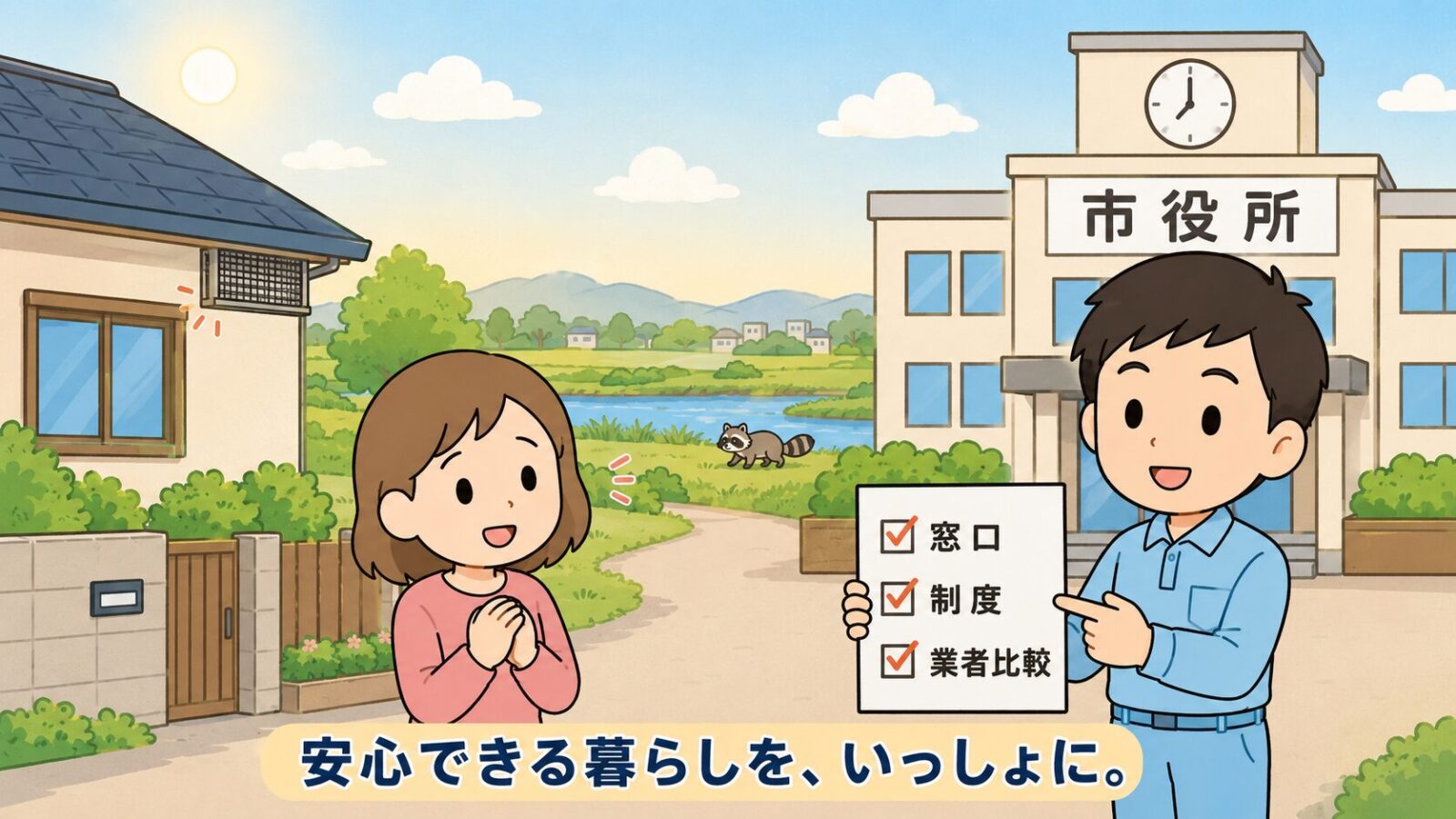 春日部市のアライグマ対応のまとめを示すイラスト。時計台のある市役所の前で、笑顔の女性の隣に立つ守谷タクミが窓口・制度・業者比較の3項目にチェックが入ったボードを示し、左の家の換気口には金網が取り付けられ、背景の河川沿いに小さくアライグマを描いたいらすとや風イラスト。