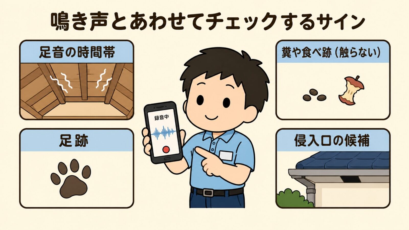 鳴き声とあわせて確認したいサインを示した図解。中央でマスクを着けない作業着姿の守谷タクミが録音中の画面を表示したスマートフォンを掲げ、周囲に足音の時間帯、足跡、糞や食べ跡は触らないこと、侵入口の候補という4つの確認項目を配置したいらすとや風イラスト。