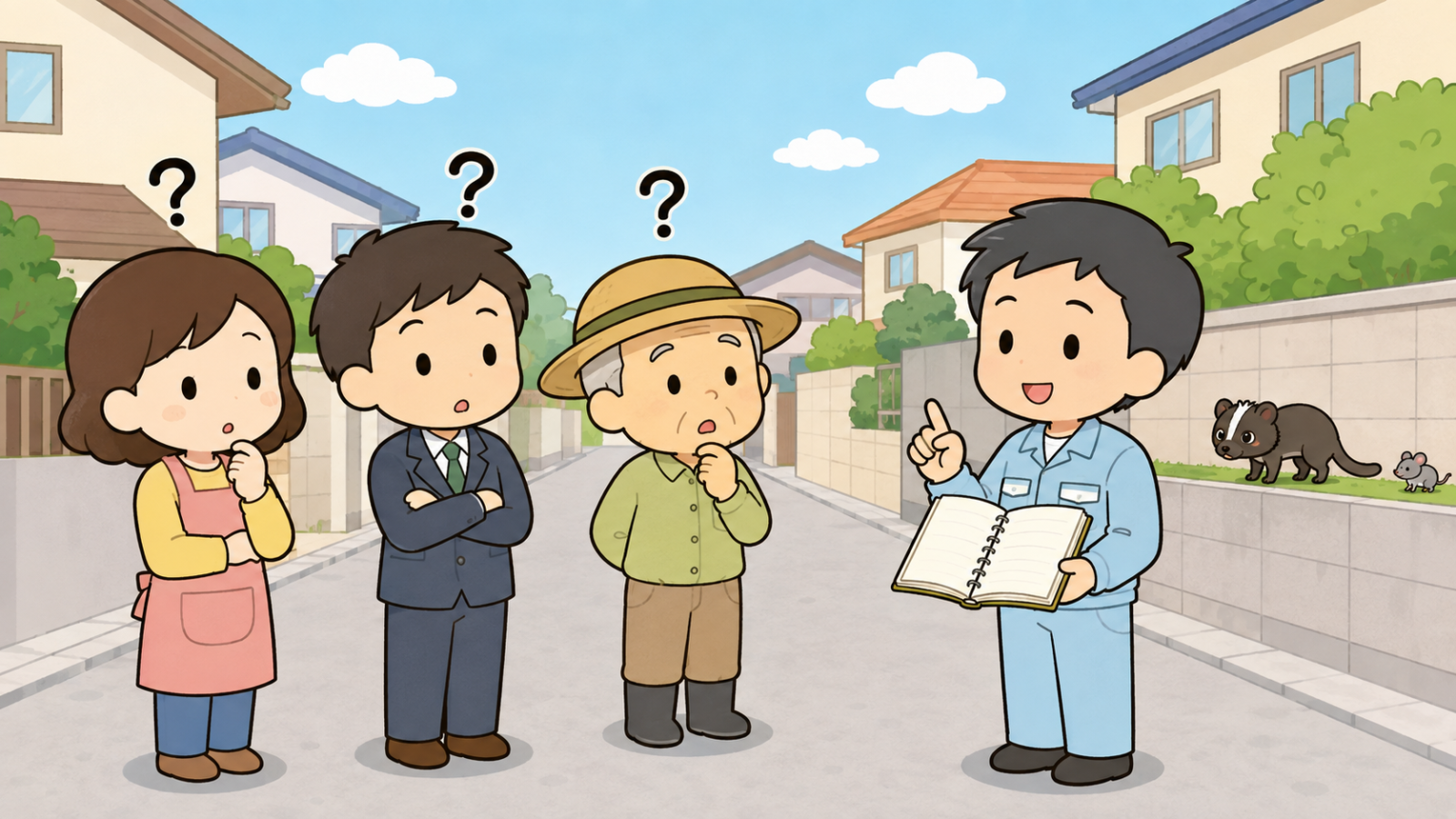 害獣に関するよくある質問のイラスト。住宅街の道でエプロン姿の女性、スーツの男性、園芸帽の高齢の男性がそれぞれ頭上に疑問符を浮かべ、右で作業着姿の守谷タクミが開いたノートを見せながら答えている。塀の上には白い縦スジのハクビシンと小さなネズミが歩いている。