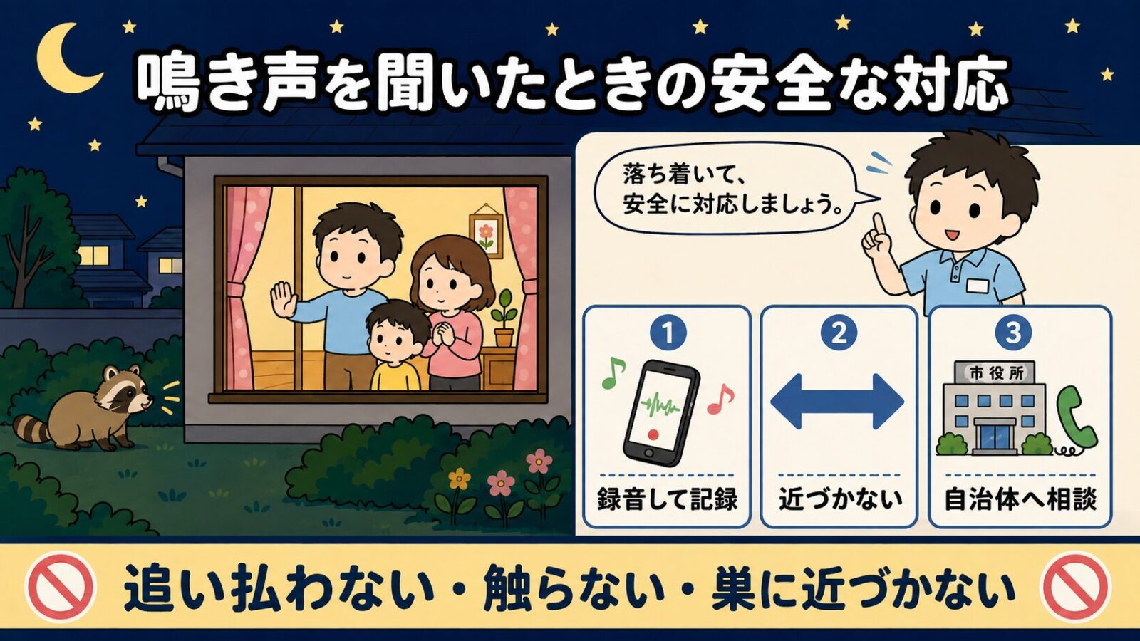 鳴き声を聞いたときの安全な対応を示した図解。夜の住宅で家族が窓の内側から庭のアライグマと距離を取って見守り、右側で守谷タクミが録音して記録する、近づかない、自治体へ相談するという3つの行動を案内し、下部に追い払わない・触らない・巣に近づかないと掲げたいらすとや風イラスト。