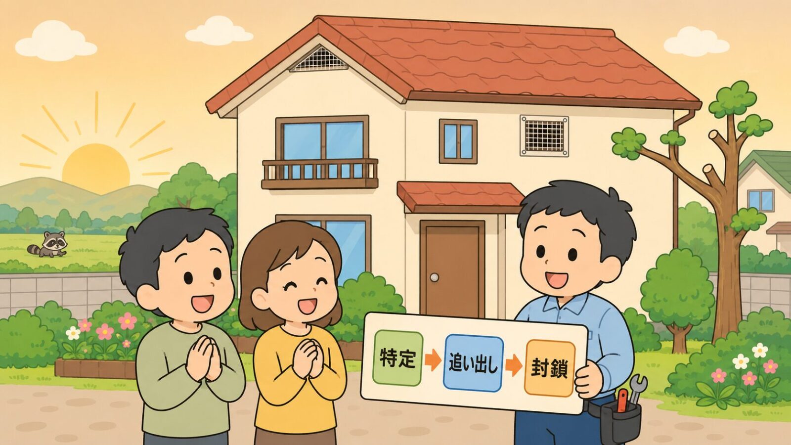 アライグマの侵入経路対策のまとめを示すイラスト。朝日が差す住宅の前で笑顔の夫婦が手を合わせ、その隣で守谷タクミが特定から追い出し、封鎖へと進む順序を示したボードを掲げ、家の換気口には金網が取り付けられ、遠くの草地に小さくアライグマを描いたいらすとや風イラスト。