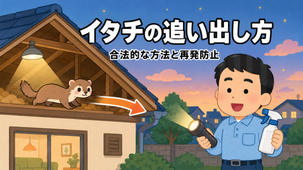イタチの追い出し方を解説するアイキャッチイラスト。夕暮れの住宅の屋根裏で、細長くてかわいいイタチが1匹、オレンジ色の矢印に沿って外へ向かっている。屋根裏には照明がともり、右側では作業着姿の守谷タクミが懐中電灯と忌避剤のスプレーボトルを持って案内している。