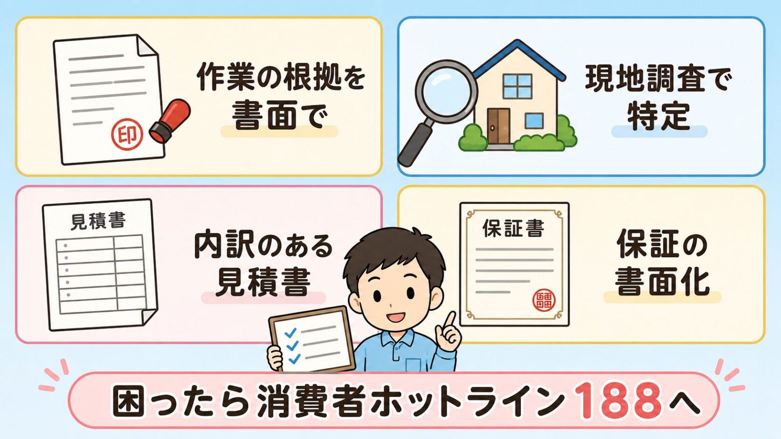 業者に依頼する前に確認したい4点を並べた図解。作業の根拠を書面で、現地調査で特定、内訳のある見積書、保証の書面化の4項目をカードで示し、中央下で守谷タクミがチェックボードを持ち、困ったら消費者ホットライン188へと呼びかけるいらすとや風イラスト。