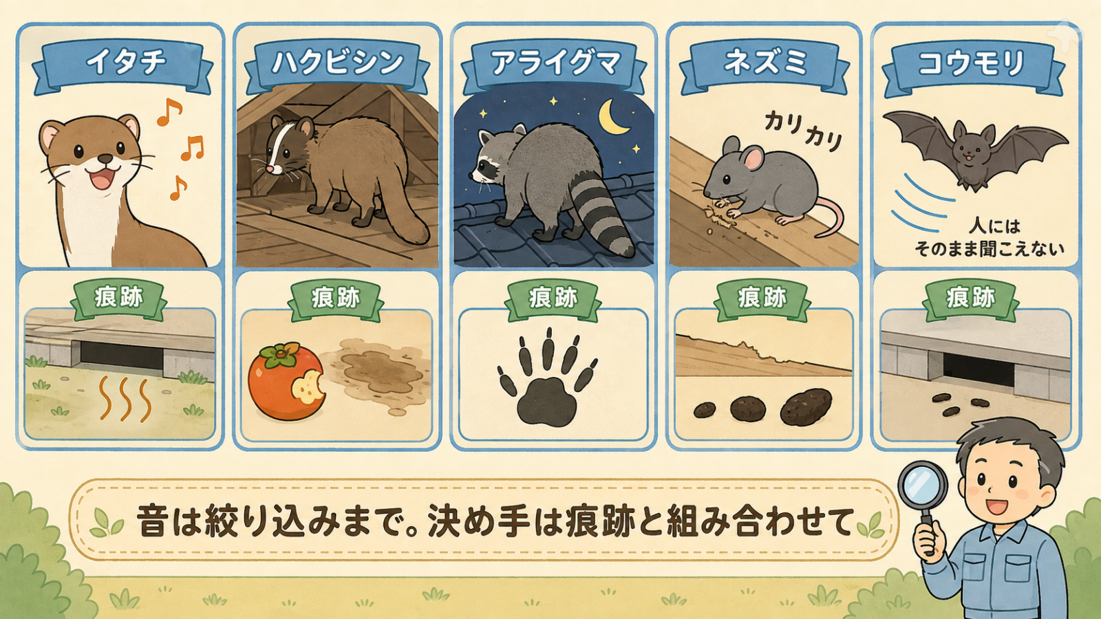 夜に物音を立てる動物5種を比べた図解。上段に動物、下段に痕跡を並べている。イタチは音符と、隙間およびにおいの波線。ハクビシンは額に白い線が入った姿と、かじられた果実や天井のシミ。アライグマは黒いアイマスクと縞模様の尻尾の姿と、5本指の足跡。ネズミはカリカリの擬音と、大きさの違う3つの糞。コウモリは波線と出入口の糞。