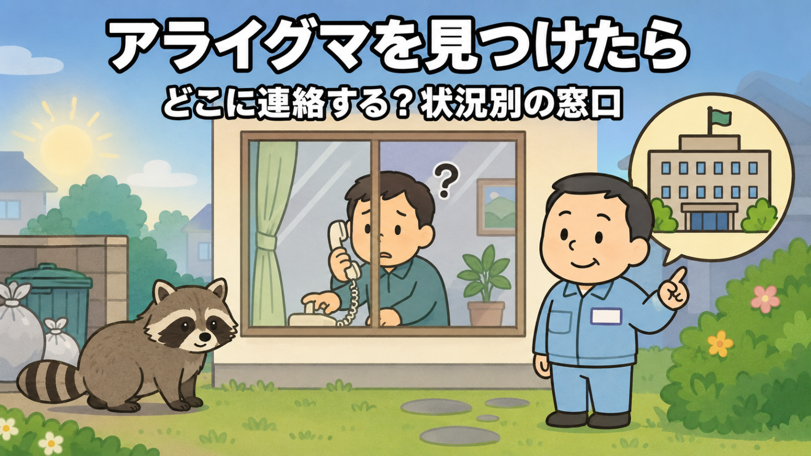 アライグマを見つけたときの連絡先を解説するアイキャッチイラスト。早朝の住宅の庭先で、ゴミ置き場のそばに目の周りが黒く尾に縞模様のあるアライグマが1匹立っている。窓の内側では男性が受話器を手に困り顔で見ており、右では作業着姿の守谷タクミが市役所の建物を指し示している。