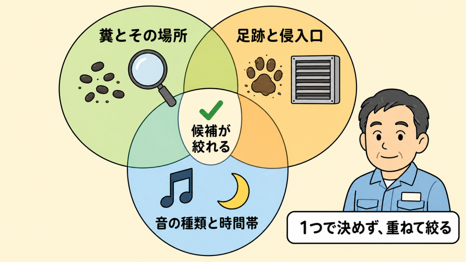 姿が見えないときに痕跡で候補を絞る図解。糞とその場所、足跡と侵入口、音の種類と時間帯の3つを表す円がベン図のように重なり、3つが重なる中心にチェックマークと候補が絞れるのラベルがある。守谷タクミが1つで決めず、重ねて絞ると伝えている。