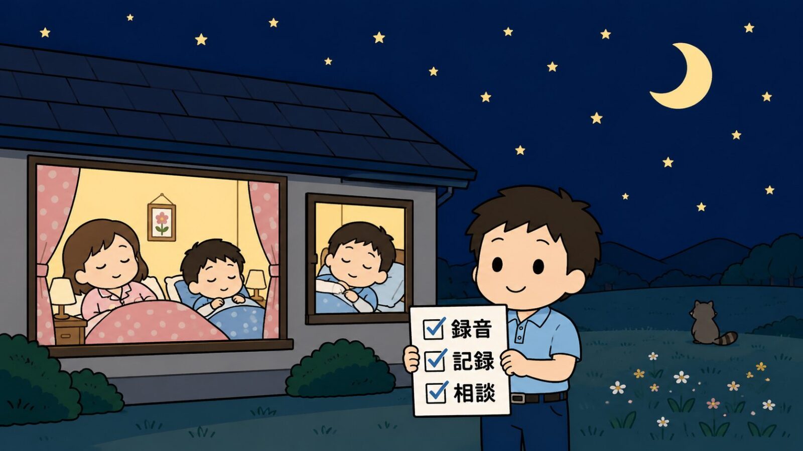 アライグマの鳴き声への対応をまとめたイラスト。月と星の出た静かな夜空の下、窓のあたたかい光のなかで家族が安心して眠り、屋根の上に動物の姿はなく、手前で守谷タクミが録音・記録・相談の3項目にチェックが入ったボードを掲げ、遠くの野原にアライグマが暮らす様子を描いたいらすとや風イラスト。