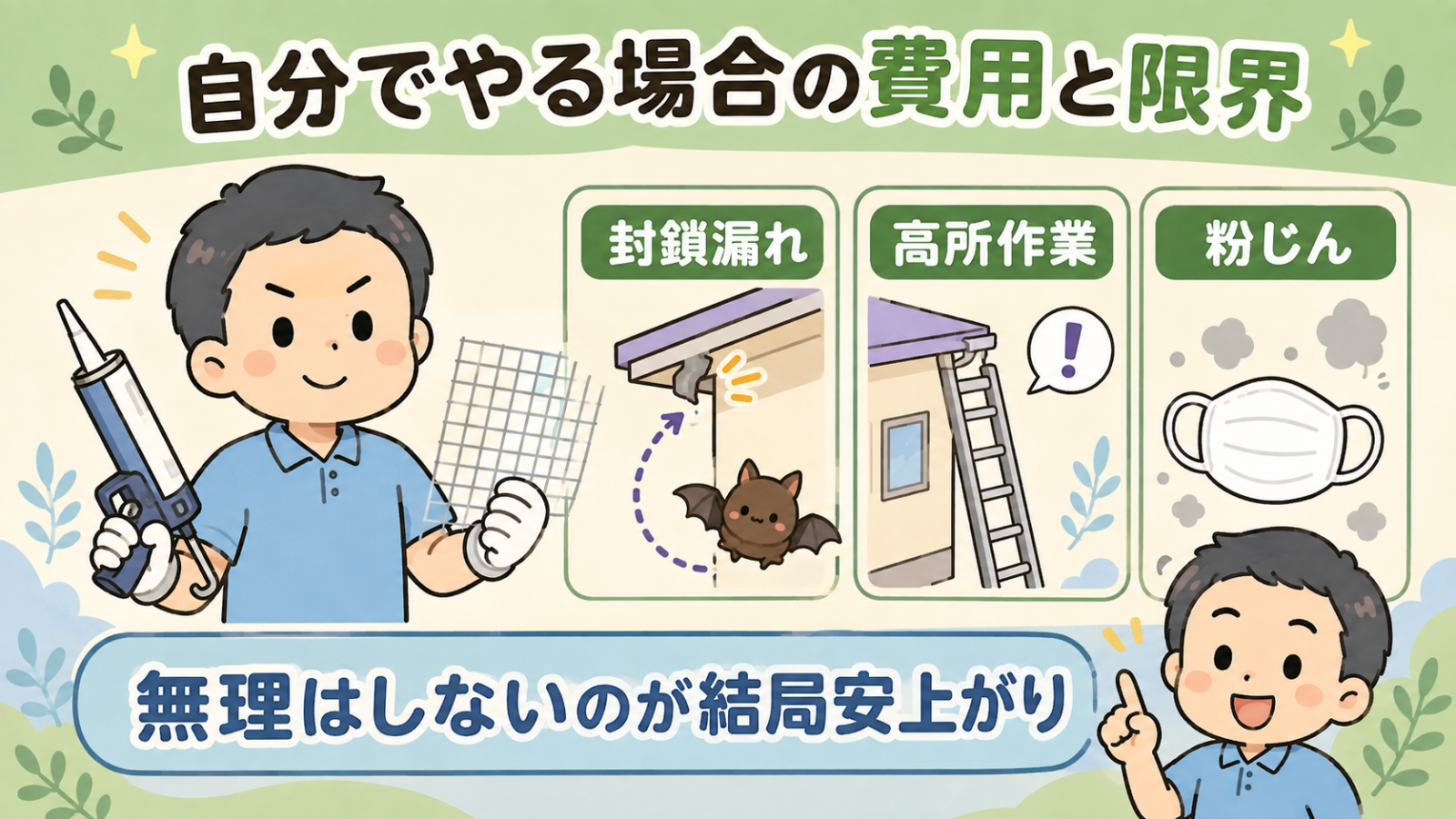 コウモリ対策を自分でやる場合の費用と限界を示した図解。コーキングガンと金網を持つ住人の隣に、封鎖漏れで戻ってくるコウモリ、はしごを使う高所作業、粉じん対策のマスクという3つの注意点を並べ、無理はしないのが結局安上がりだと守谷タクミが助言している。