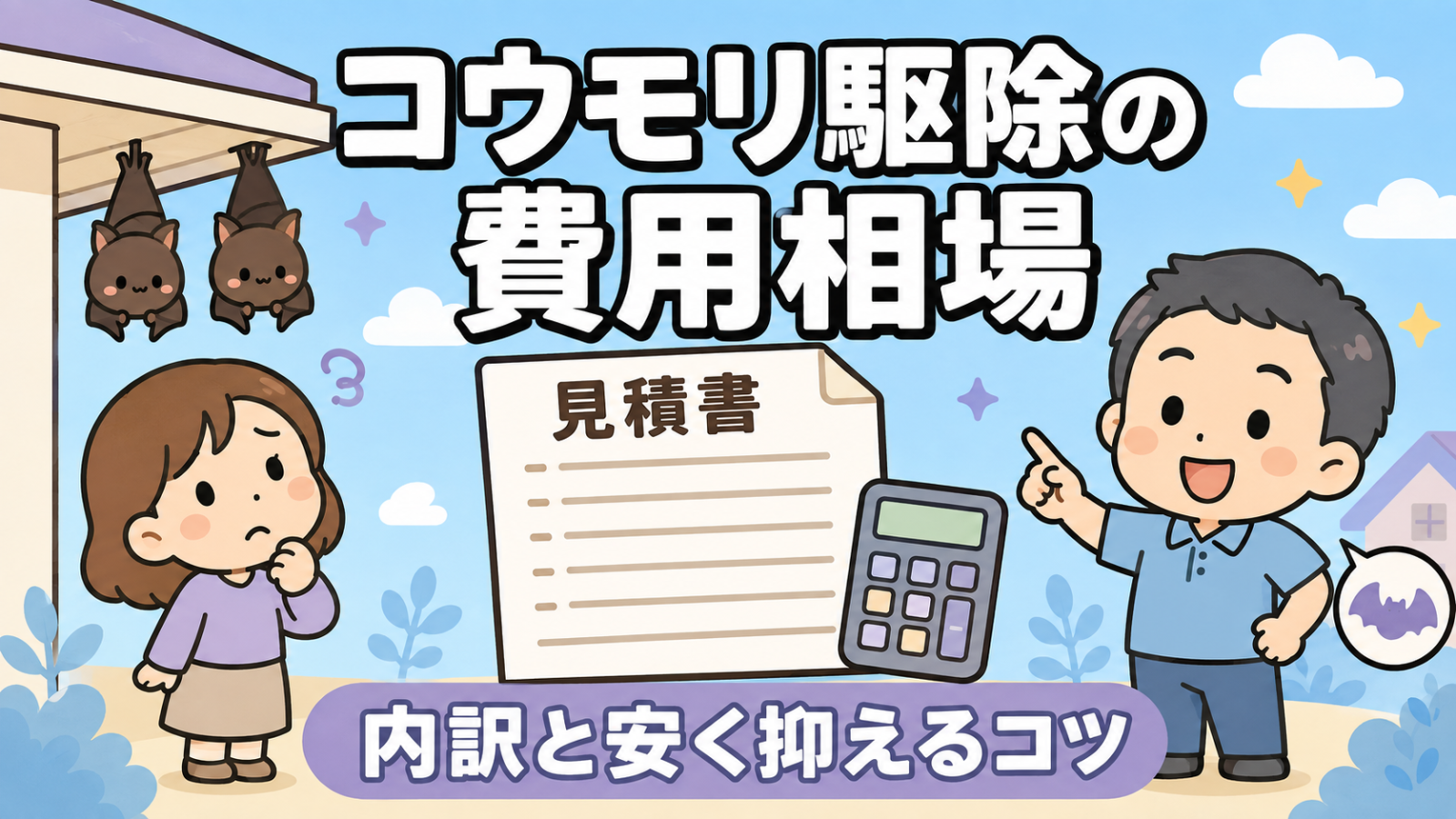 コウモリ駆除の費用相場を解説するイラスト。軒下にぶら下がる2匹のコウモリを見上げて困り顔の女性の隣に、項目が並んだ見積書と電卓が置かれ、右側で作業着姿の守谷タクミが内訳を指し示している。内訳と安く抑えるコツを解説する記事のテーマを表している。