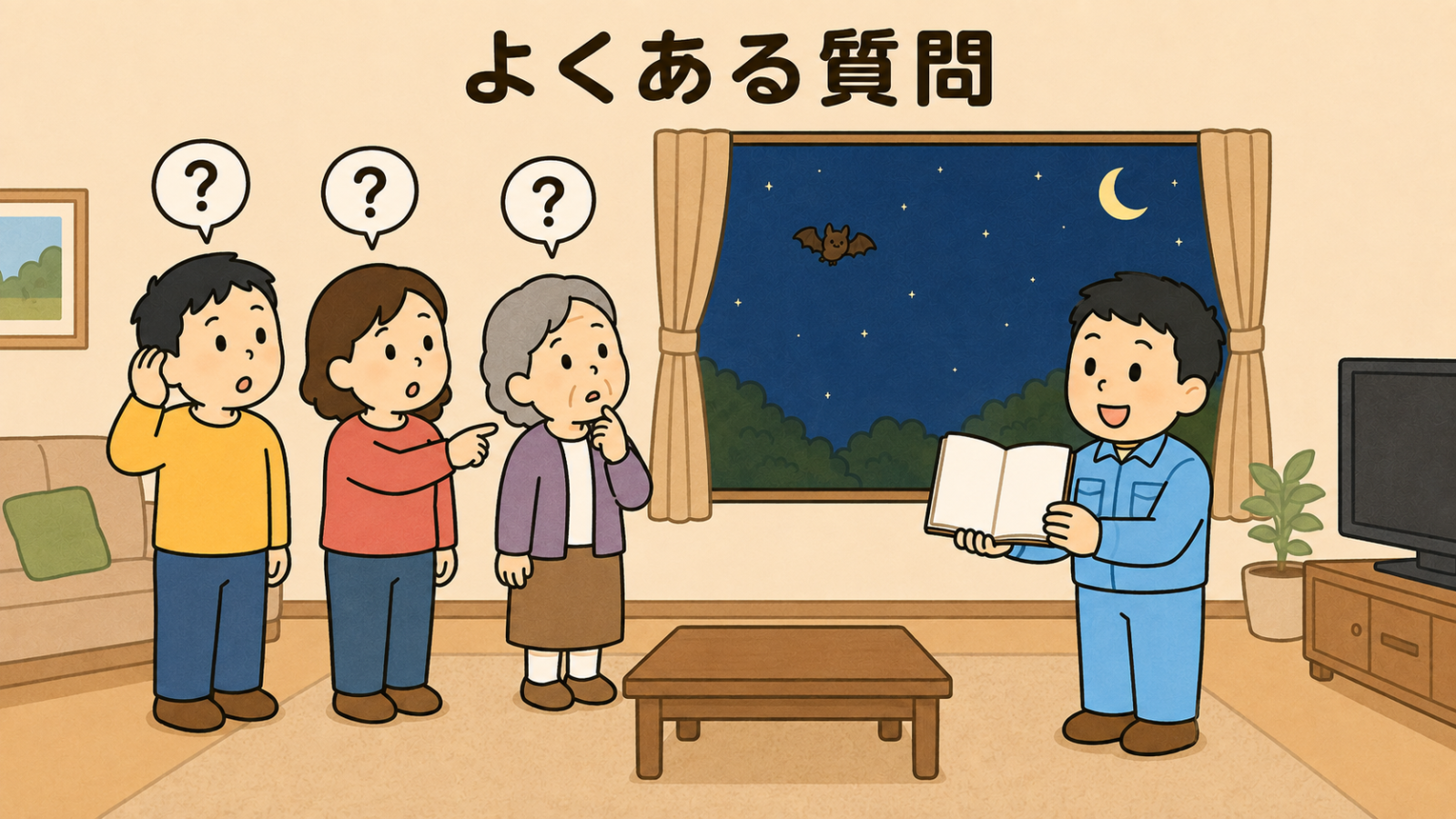 コウモリの鳴き声に関するよくある質問のイラスト。夜のリビングで男性・女性・高齢の女性の3人がそれぞれ頭上に疑問符を浮かべ、男性は耳に手を当て、女性は窓の外を指差している。右では作業着姿の守谷タクミが開いたノートを見せて答え、窓の外の夜空に小さくコウモリが飛んでいる。
