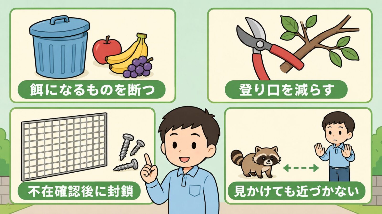 自分でできる予防策を4項目並べた図解。ふた付きのごみ箱と果実で餌になるものを断つ、剪定ばさみと枝で登り口を減らす、金網とネジで不在確認後に封鎖、距離を取る人とアライグマで見かけても近づかない、の4つを示し、中央で守谷タクミが指を立てて解説するいらすとや風イラスト。