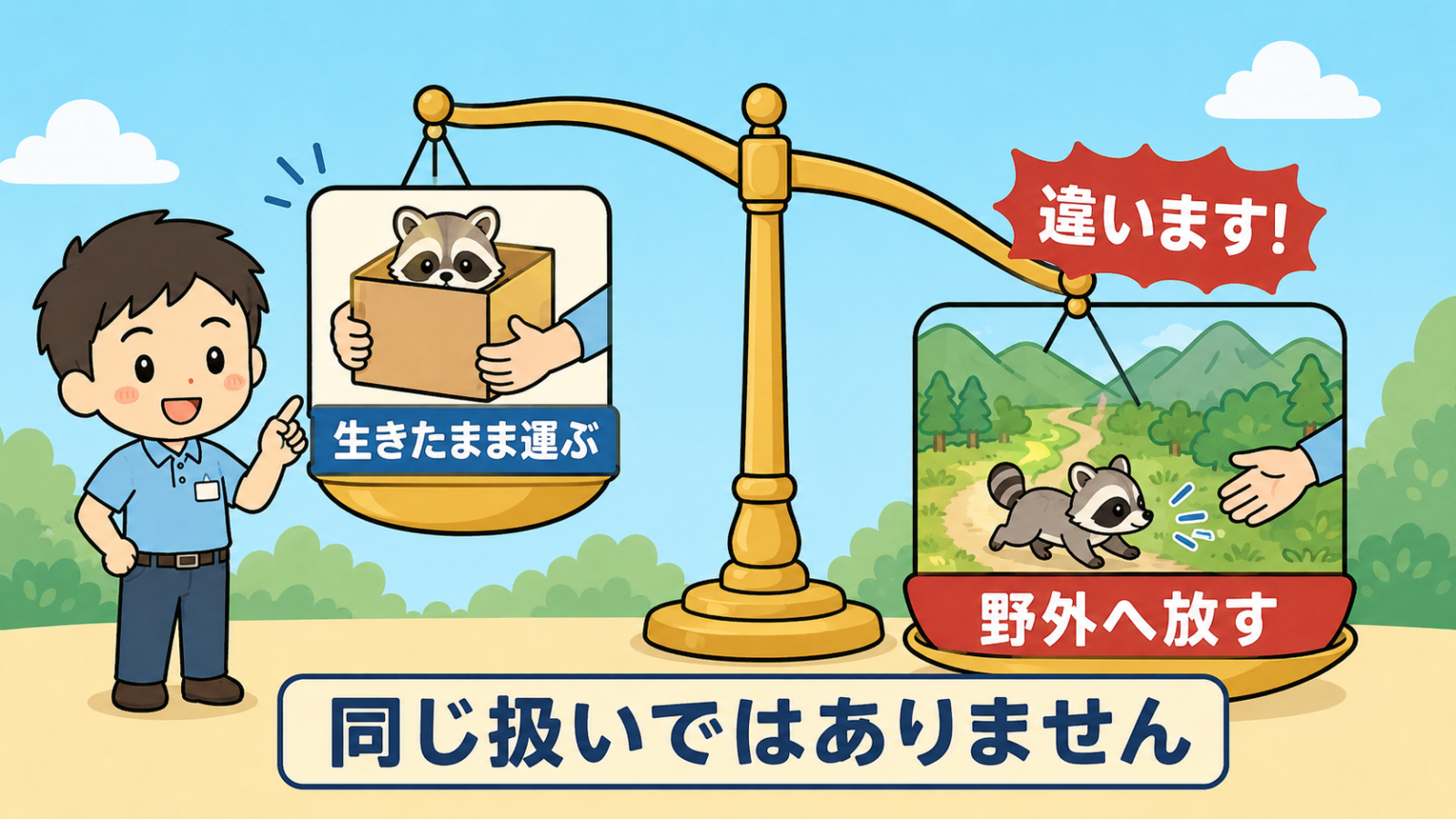 特定外来生物の運搬と野外放出で罰則の重さが違うことを示した天秤のイラスト。左の皿は箱に入れて生きたまま運ぶ行為、右の皿は山へ放す行為を示し、放出側が重く下がっている。同じ扱いではないことを守谷タクミが指し示して解説している。