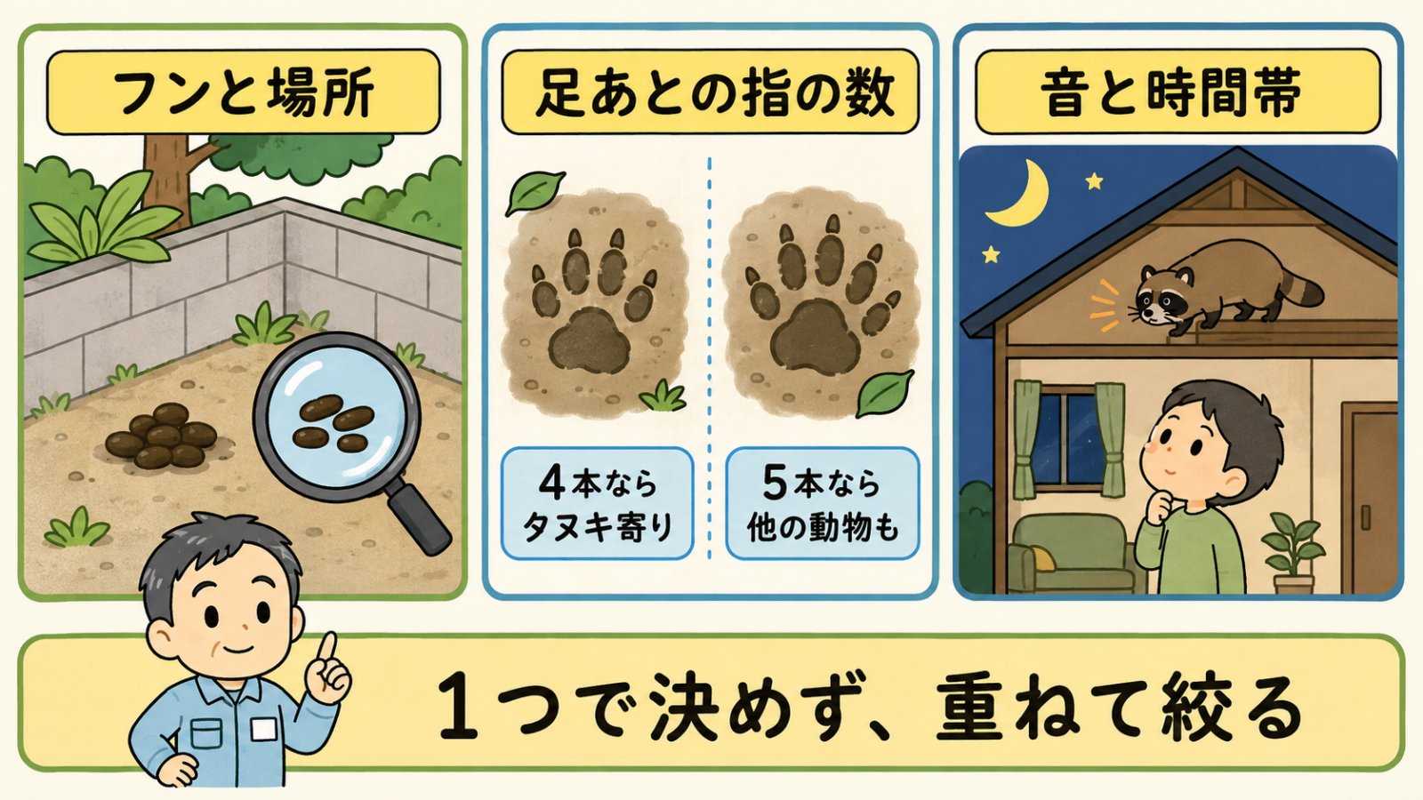 姿が見えないときに痕跡で候補を絞る3枚のカード。庭の一角のフンの山を虫めがねで調べる場面、4本ならタヌキ寄り・5本なら他の動物もと注記された2種類の足あと、夜の天井裏の物音に耳をすます場面が並ぶ。下で守谷タクミが1つで決めず、重ねて絞ると伝えている。