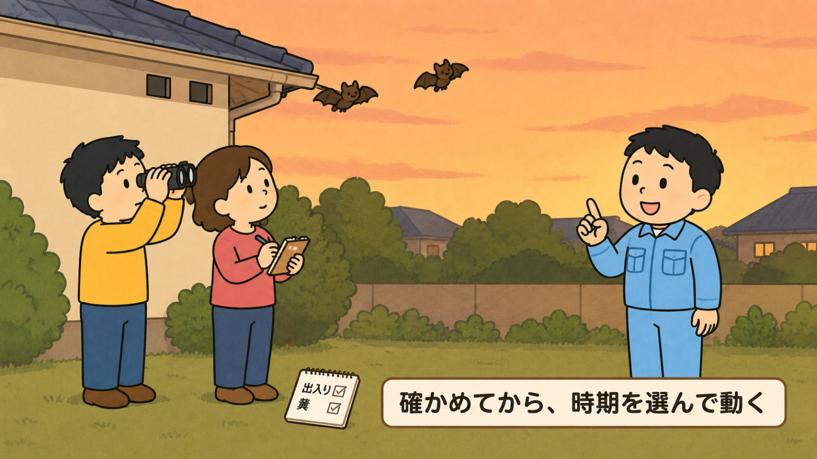 夕暮れの庭でコウモリの出入りを観察するまとめのイラスト。住人の夫婦が家から離れた場所に立ち、夫が双眼鏡で軒先を眺め、妻がメモ帳に書き留めている。軒先から2匹のコウモリが夕焼け空へ飛び立ち、足元には出入りと糞にチェックの入ったメモ。確かめてから、時期を選んで動くという帯がある。