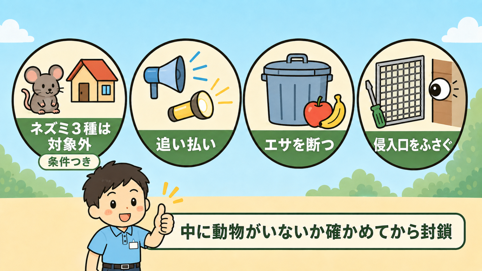 捕獲許可を受けずにできる対処を4つ並べた図解。イエネズミ3種は法律の対象外であること（条件つき）、光や音による追い払い、ごみや果実などのエサを断つこと、金網で侵入口をふさぐことを示し、中に動物がいないか確かめてから封鎖するよう守谷タクミが注意している。