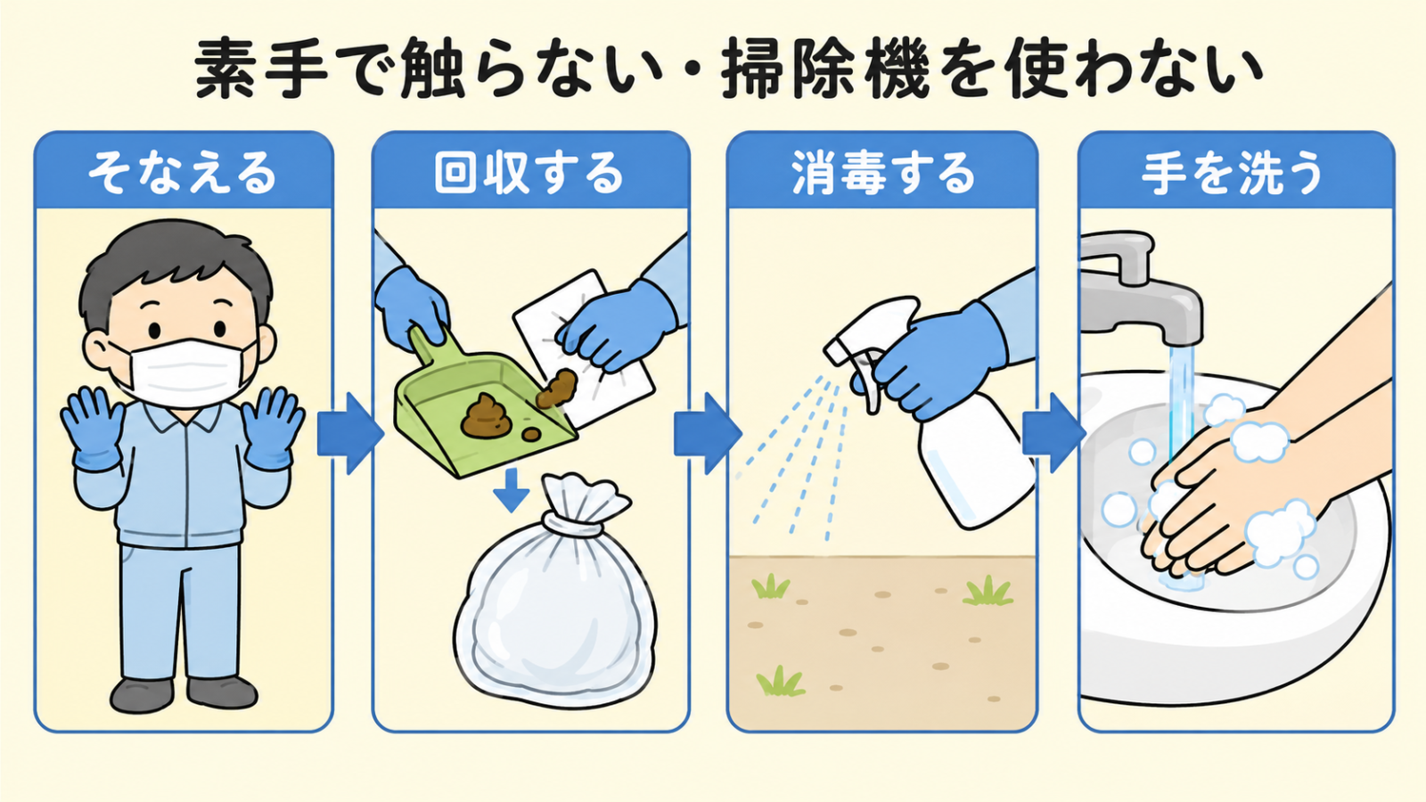 庭のフンを安全に処理する4場面の手順図。上部に素手で触らない・掃除機を使わないの注意書き。そなえるではマスクとゴム手袋を着けた守谷タクミ、回収するではちりとりと厚手のペーパーで拾いビニール袋の口をしばる手元、消毒するではスプレーボトルで地面を消毒し、手を洗うでは石けんの泡で手首まで洗う様子が矢印でつながっている。