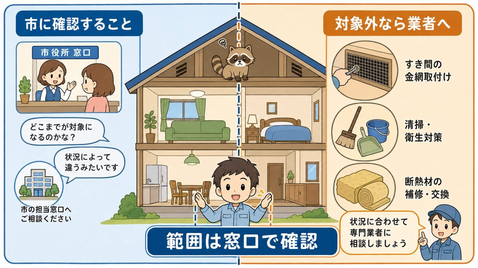 市の対応範囲と業者に頼む作業を左右に分けた住宅の断面図。左は市に確認することとして市役所の窓口と、どこまでが対象になるのかという住民の疑問を配置し、右は対象外なら業者へとしてすき間の金網取付け・清掃と衛生対策・断熱材の補修や交換を並べ、下部に範囲は窓口で確認と掲げたいらすとや風イラスト。