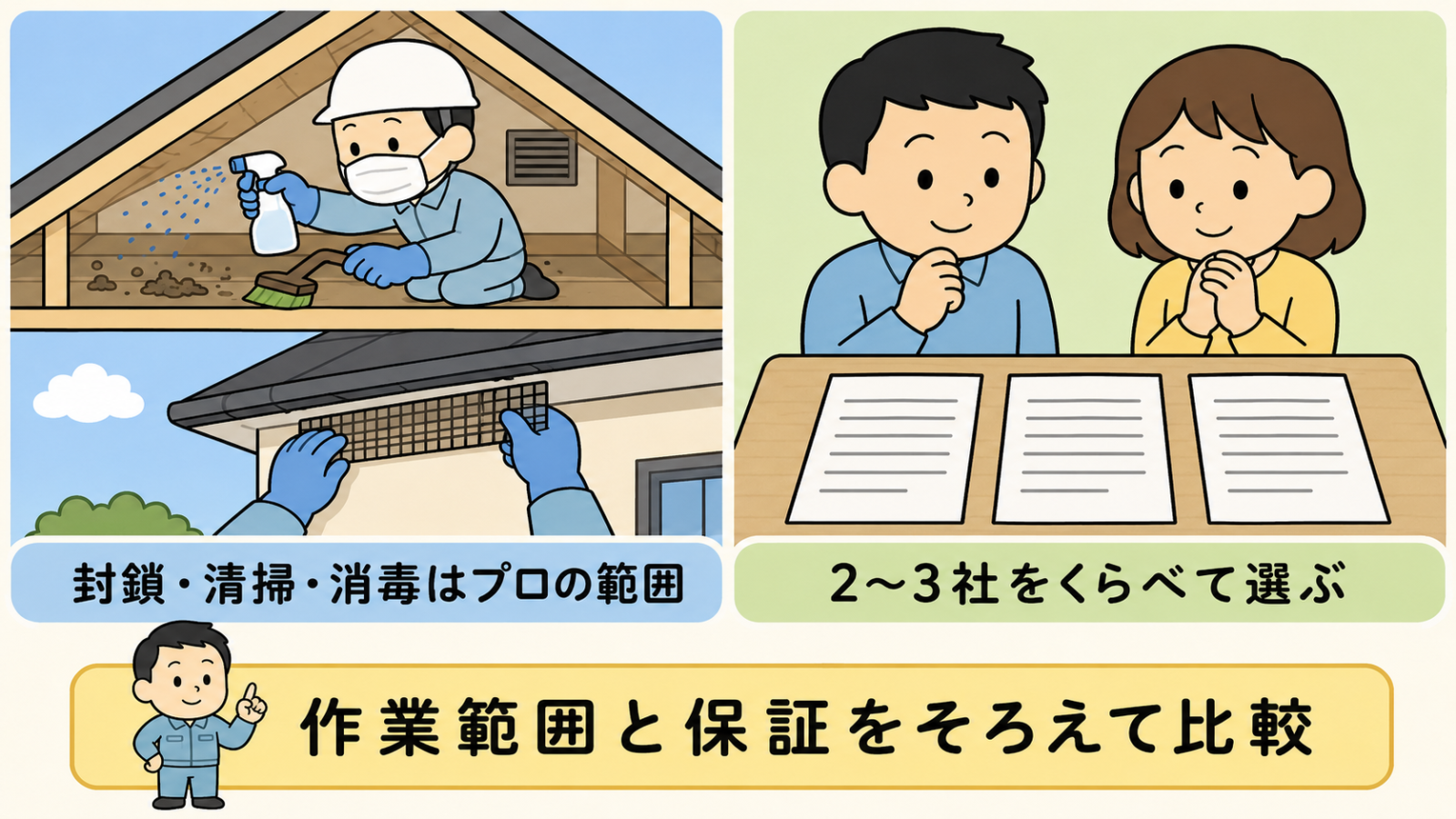 業者に頼む範囲と選び方を示した図。左は住宅の断面で、屋根裏でマスクと手袋を着けた作業員が清掃・消毒し、軒下の隙間に金網を取り付けており、封鎖・清掃・消毒はプロの範囲というラベル。右はテーブルに並んだ3枚の見積書を夫婦が見比べ、2〜3社をくらべて選ぶというラベル。下で守谷タクミが、作業範囲と保証をそろえて比較と助言している。