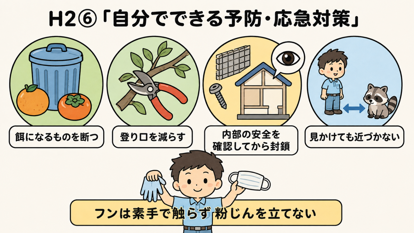 アライグマ被害を防ぐために住民ができる予防と応急対策を4つ並べた図解。餌になるものを断つ、登り口を減らす、内部の安全を確認してから封鎖する、見かけても近づかないの4項目を示し、守谷タクミが手袋とマスクを持って、フンは素手で触らず粉じんを立てないよう注意を促している。
